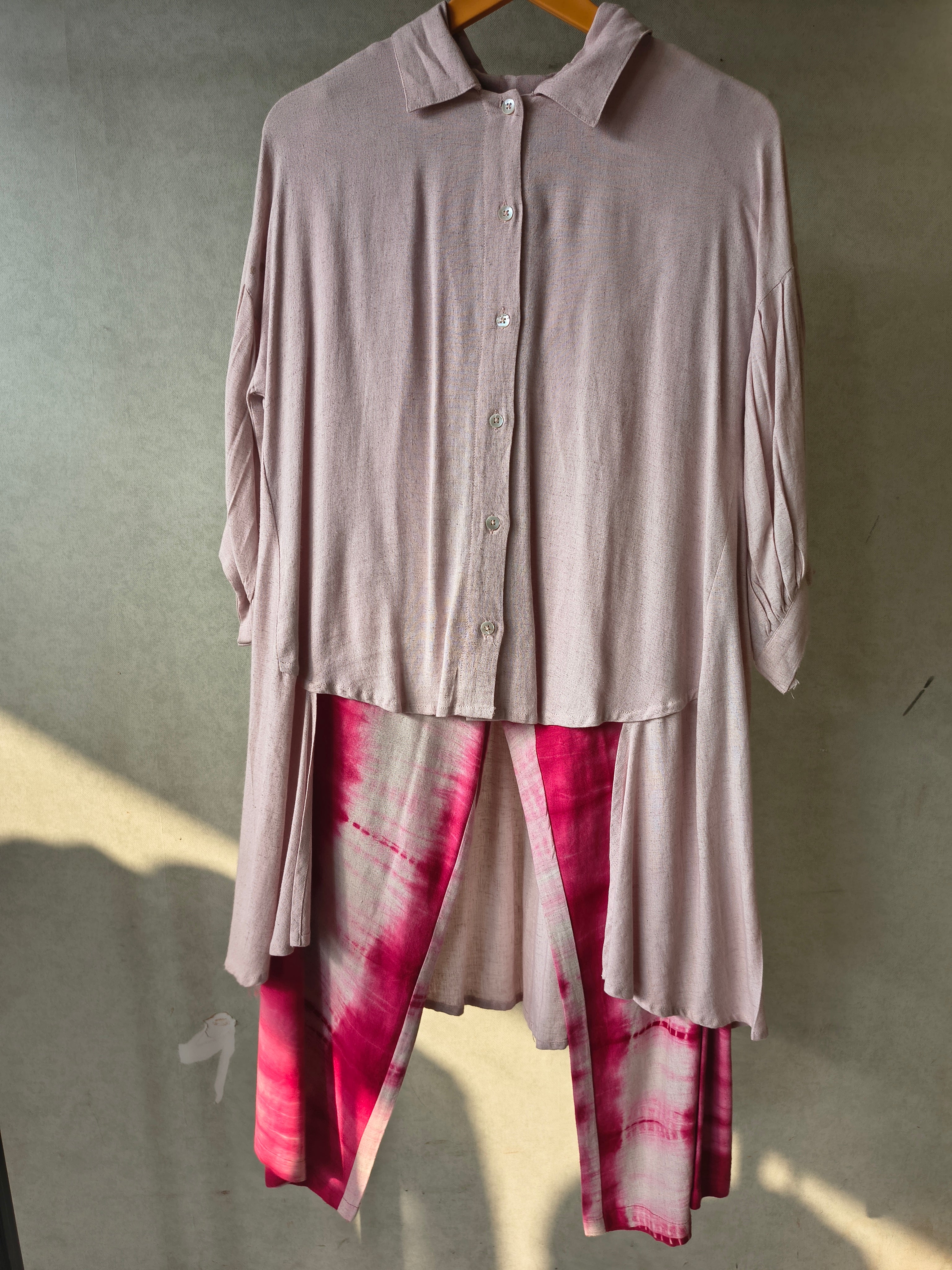 Image of Premium Layered Shirt Style Tunic Co-Ord Set with Tie-Dye Straight Pants
