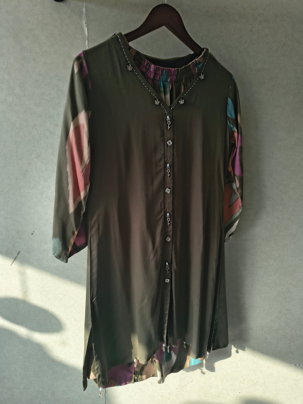 Olive Green Designer Co-Ord Set with Abstract Printed Pants & Embellished Neckline