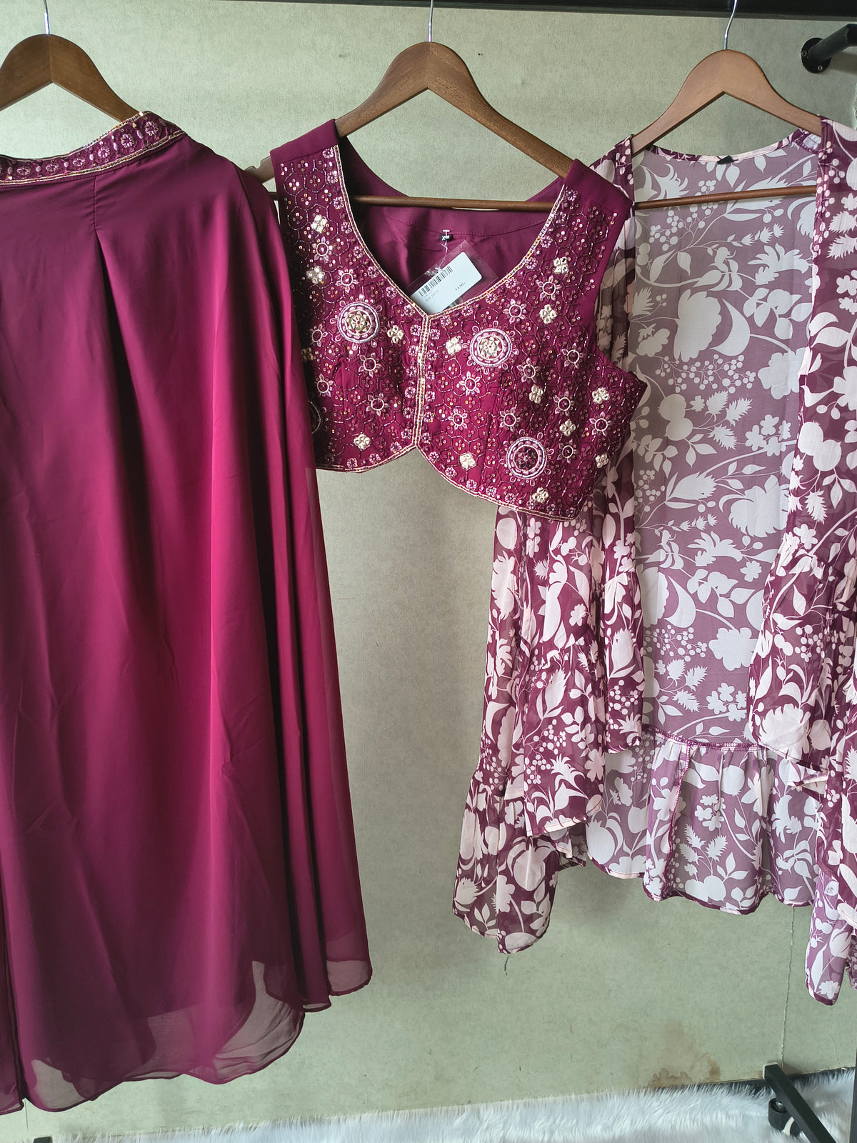 Luxury Wine Embroidered Blouse with Printed Peplum Jacket & Flared Palazzo – 3 Piece Designer Indo-Western Set