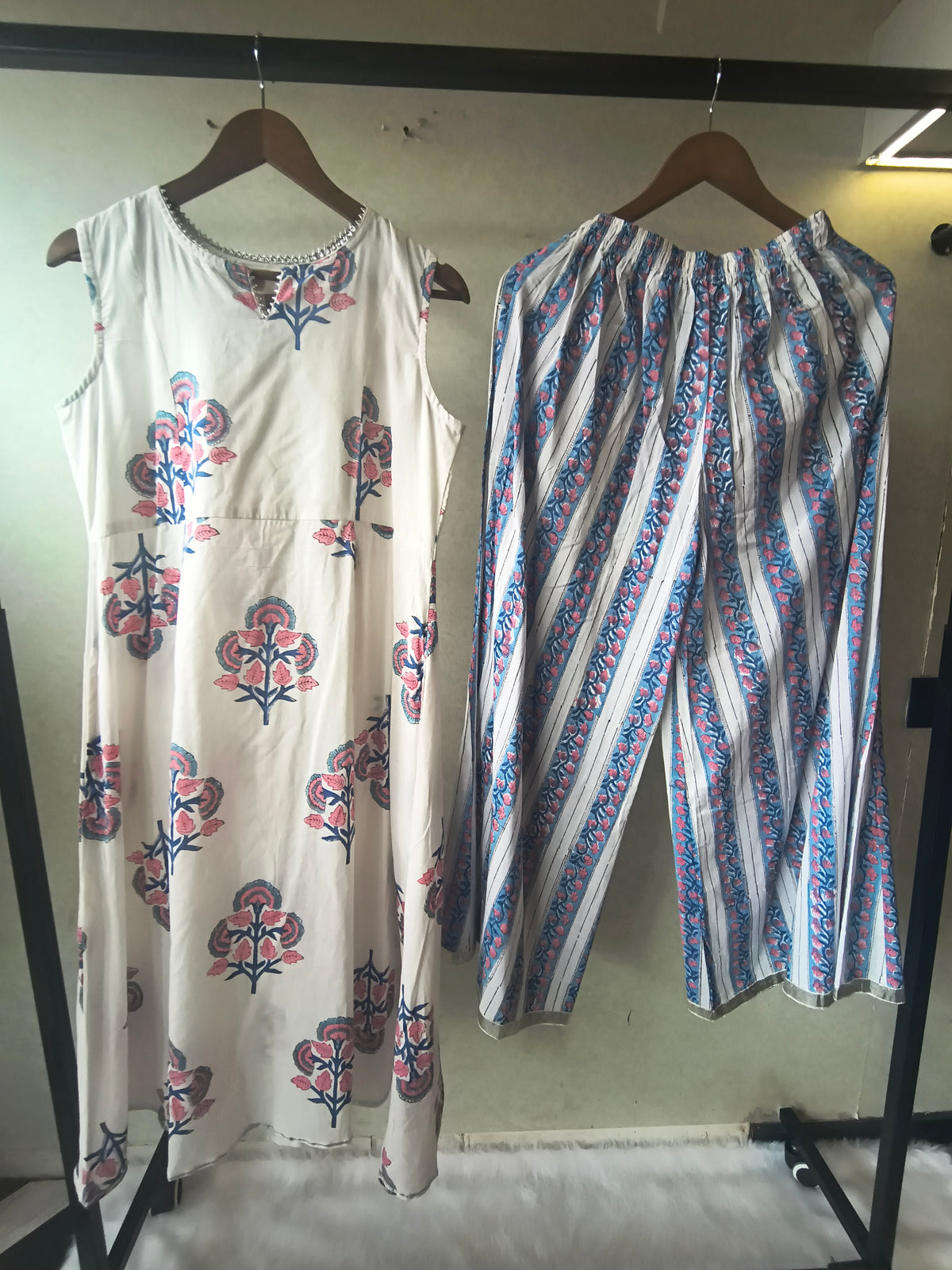 Premium Ivory Floral Block Print Sleeveless Kurta with Printed Palazzo Pants Co-Ord Set