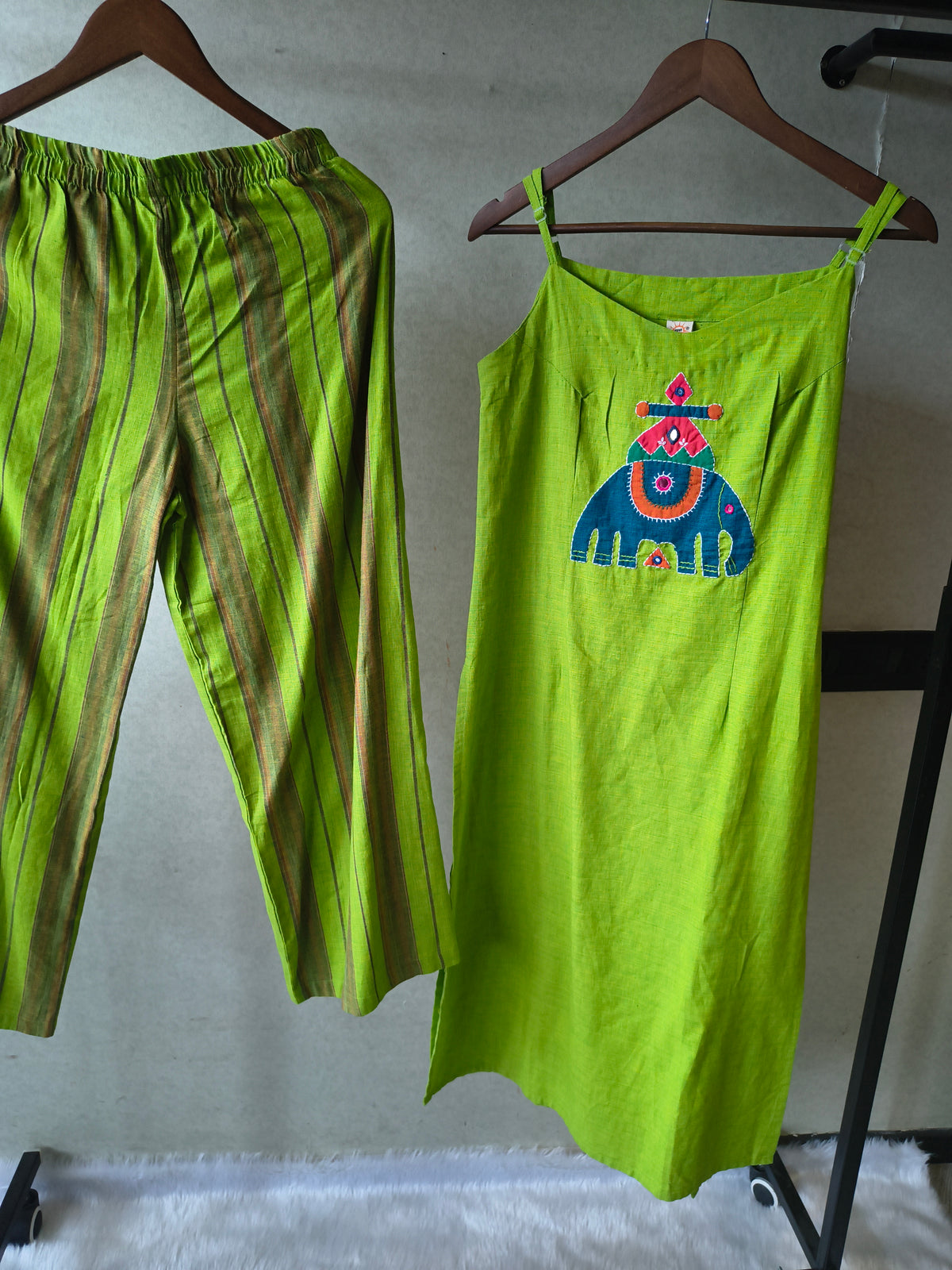 Lime Green Sleeveless Cotton Kurta Set with Tribal Elephant Appliqué & Striped Straight Pants