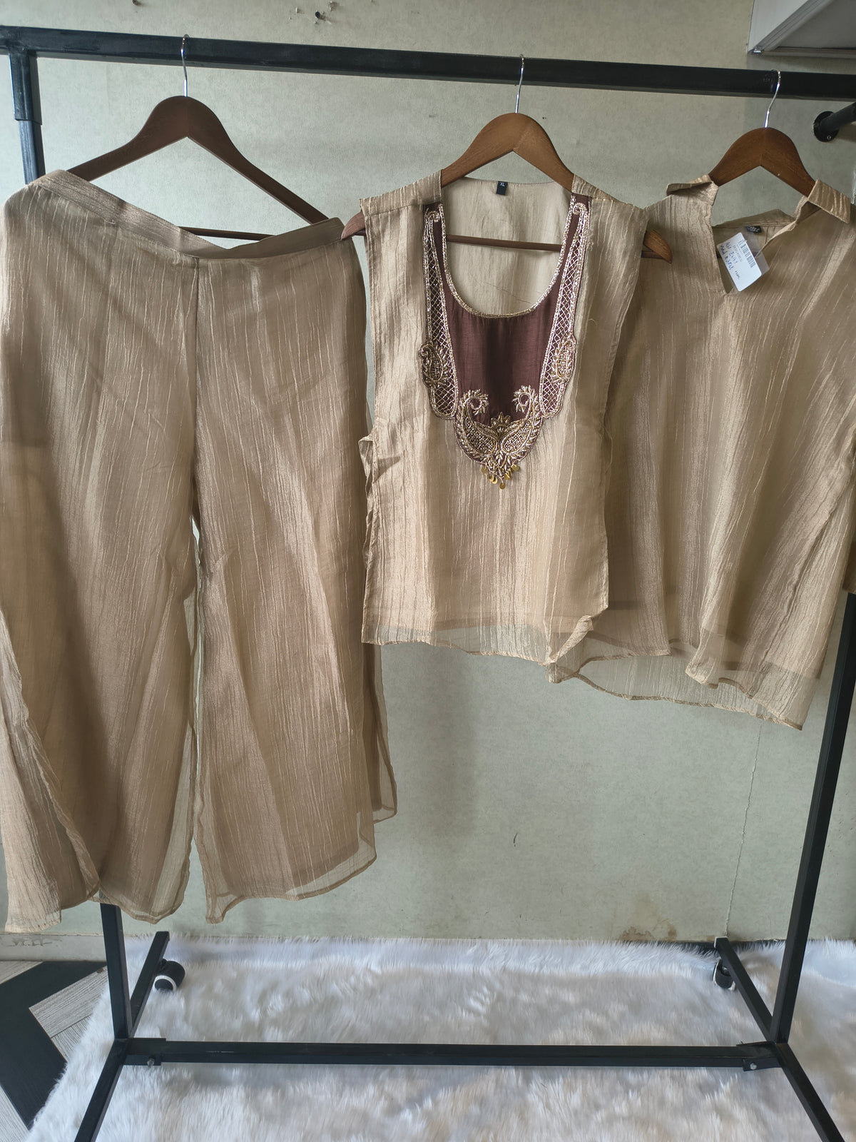 Premium Taupe Tissue Silk 3-Piece Co-Ord Set with Antique Embroidered Jacket, Inner & Palazzo