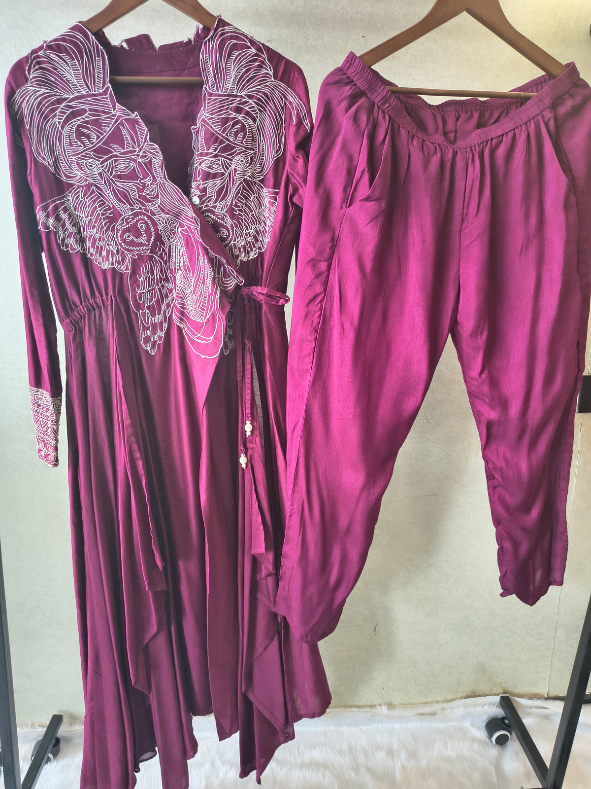 Wine Embroidered Wrap Style Indo-Western Jacket with Dhoti Pants – Designer 2 Piece Fusion Set