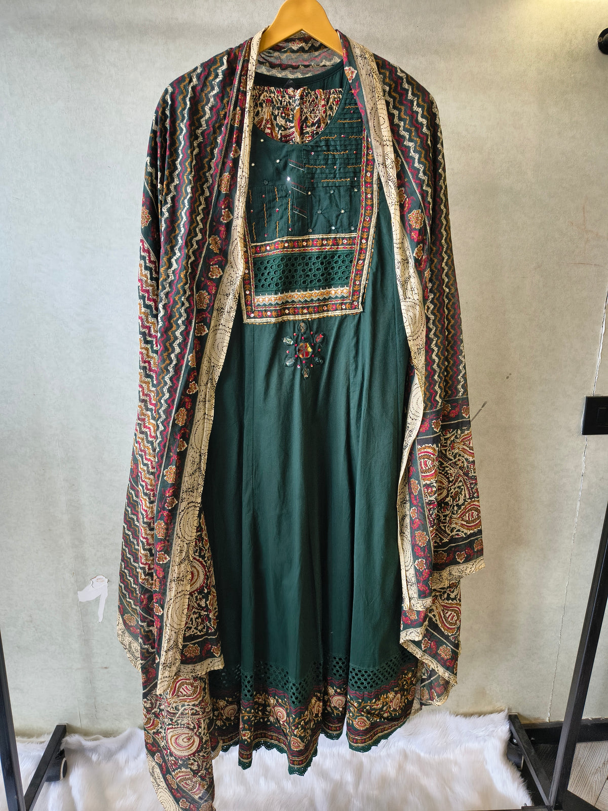 Emerald Green Embroidered Three-Piece Kurta Set with Printed Pant & Designer Dupatta
