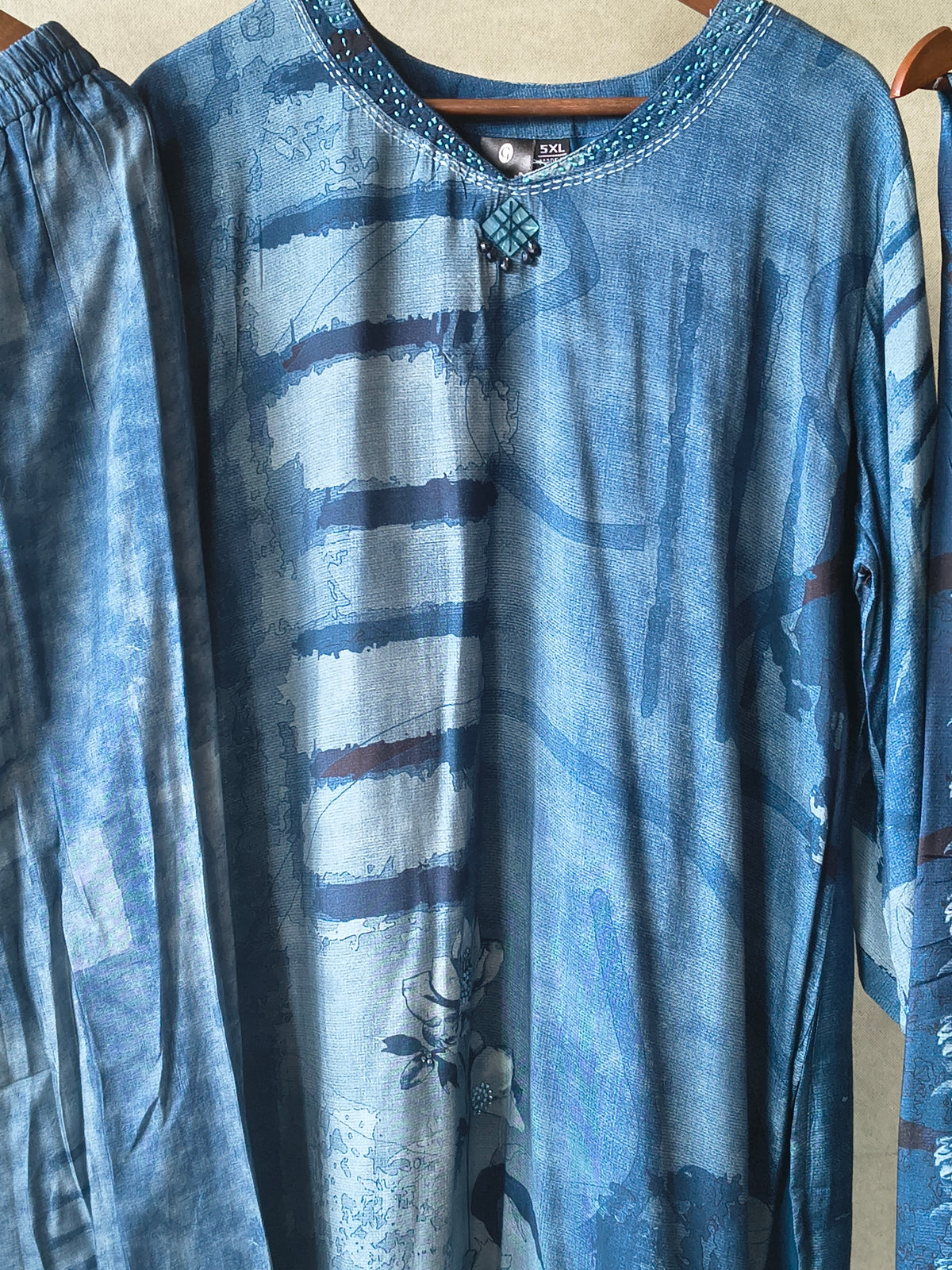 Premium Teal Blue Abstract Printed Kurta Set with Pants & Dupatta