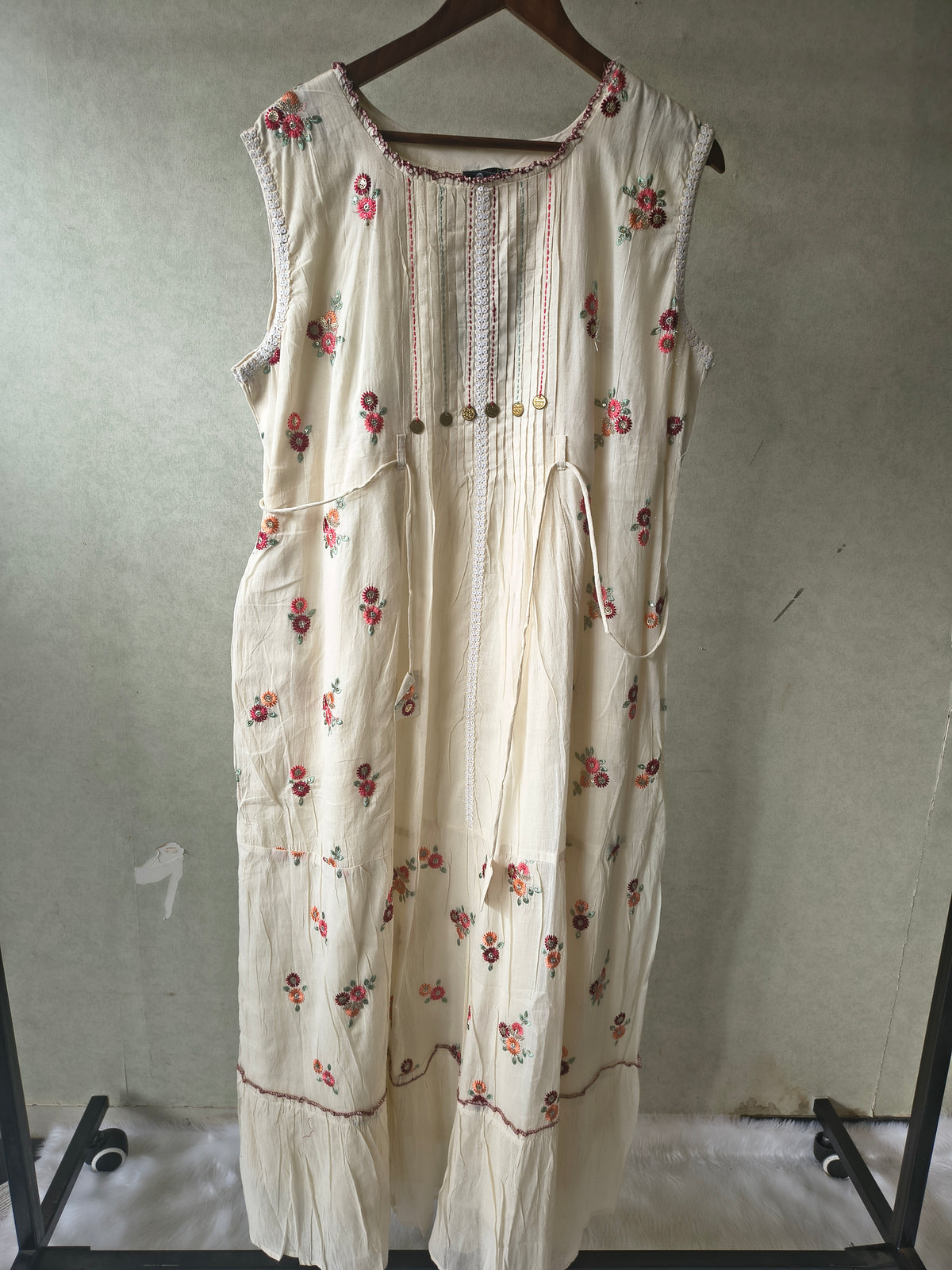 Premium Ivory Floral Embroidered Sleeveless Tiered Maxi Dress with Pintuck Detailing