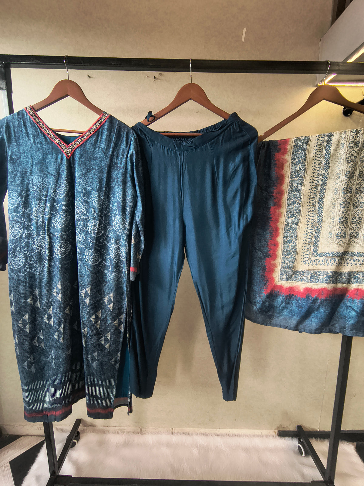 Premium Midnight Blue Printed Kurta with Straight Pants & Artistic Border Dupatta Set
