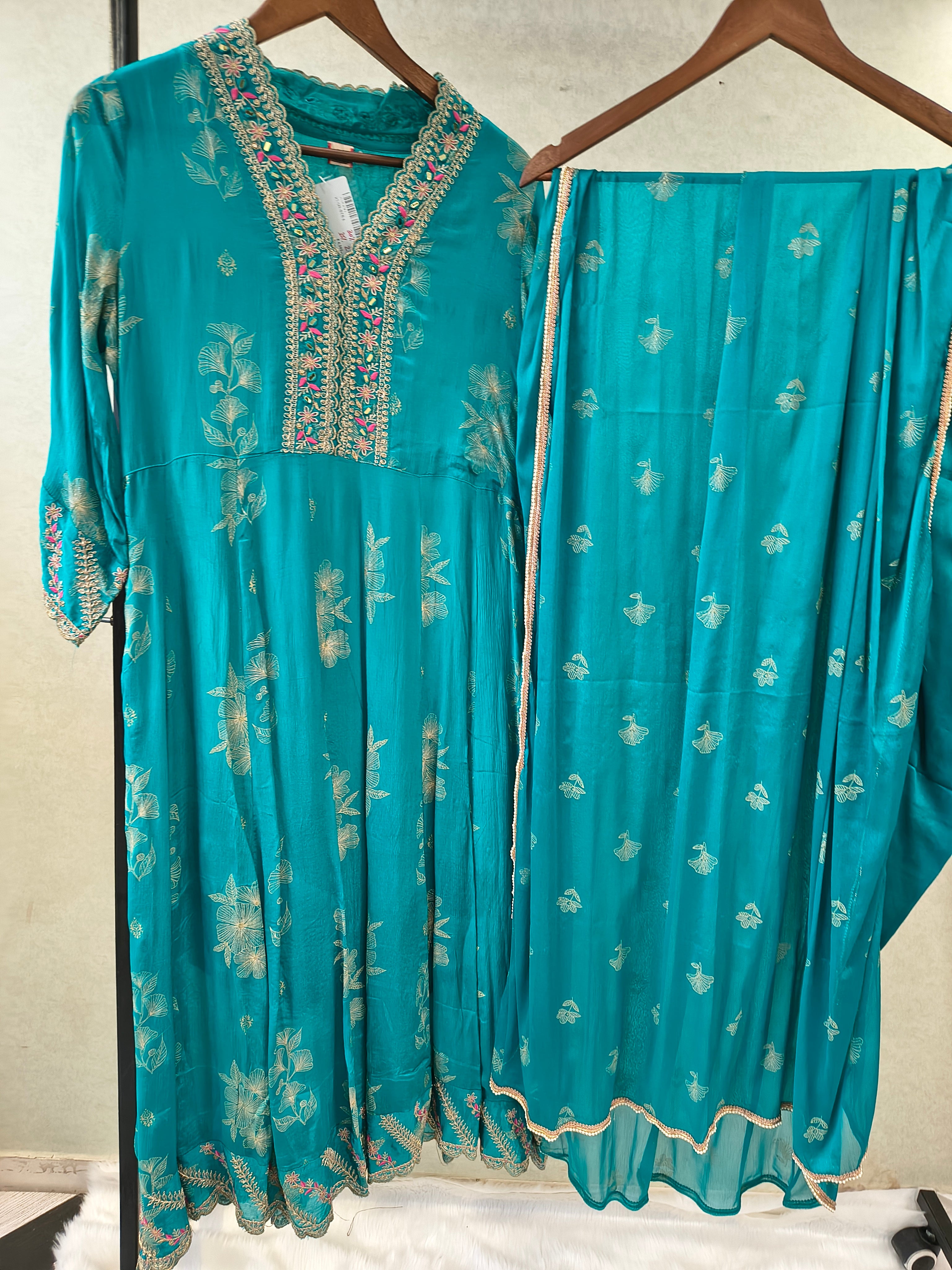 Image of Teal Blue Floral Embroidered Anarkali Kurta Set with Straight Pants & Embroidered Chiffon Dupatta | Premium 3 Piece Festive Ensemble