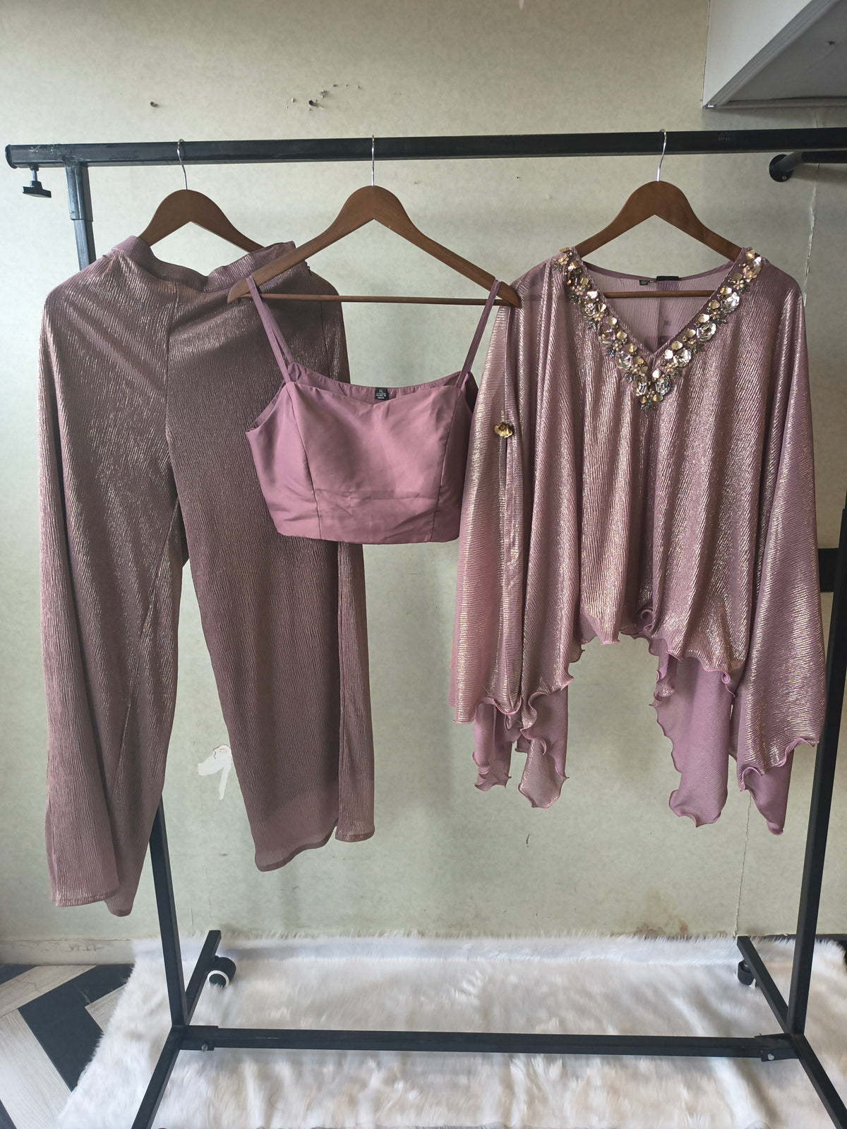 Premium Rose Gold Shimmer Kaftan Co-Ord Set with Hand Embellished Cape & Straight Pants