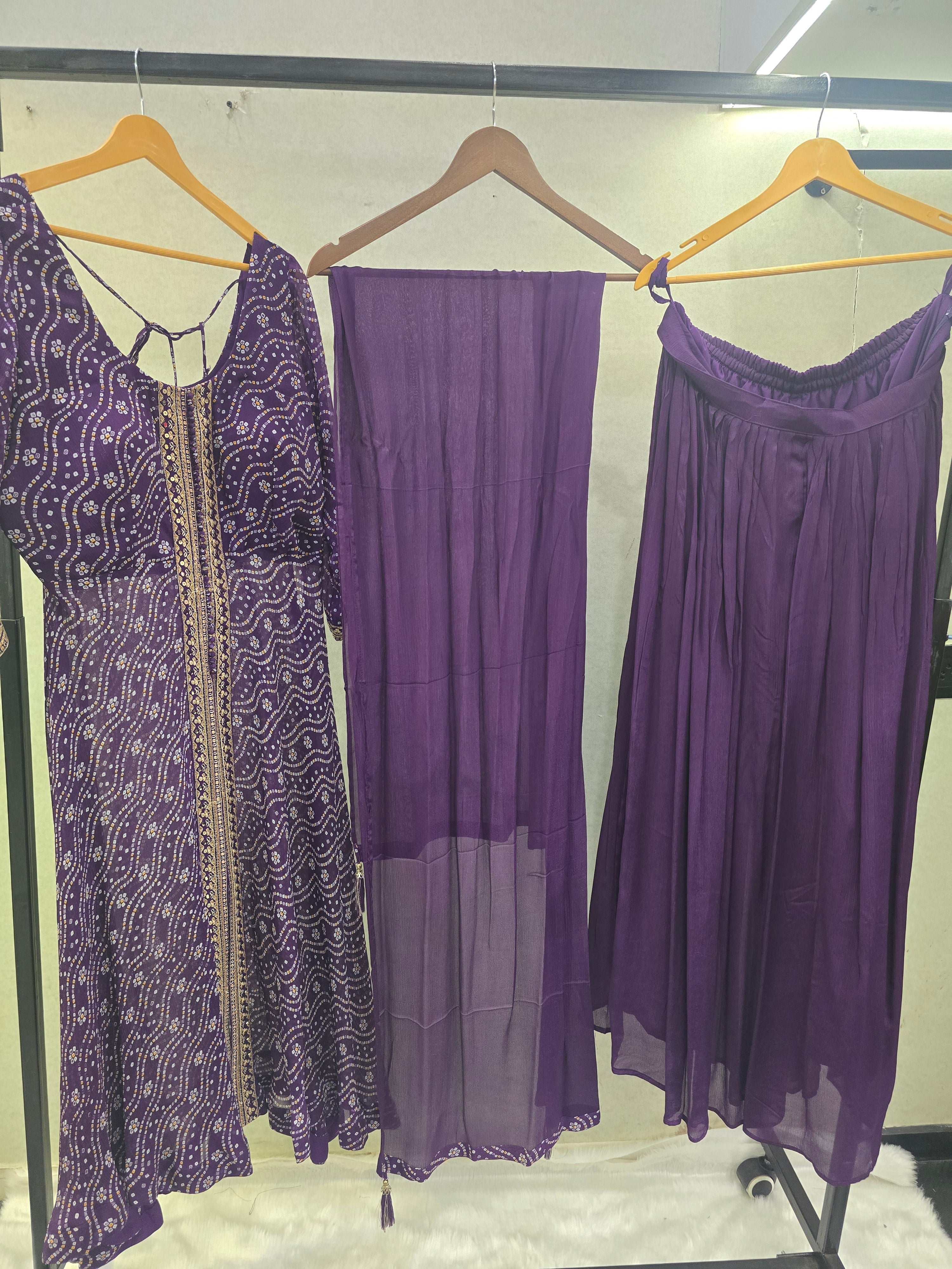 Image of Royal Purple Bandhani Print Anarkali Kurta Set with Embellished Front Panel & Flared Palazzo | Premium 3 Piece Festive Ensemble