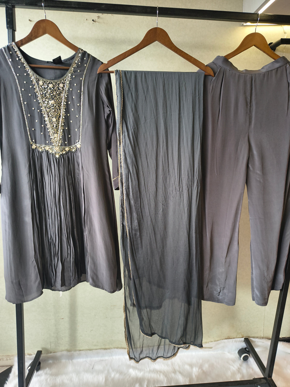 Charcoal Grey Hand Embroidered Anarkali Kurta Set with Churidar Pants & Sheer Dupatta – Premium 3 Piece Festive Ensemble