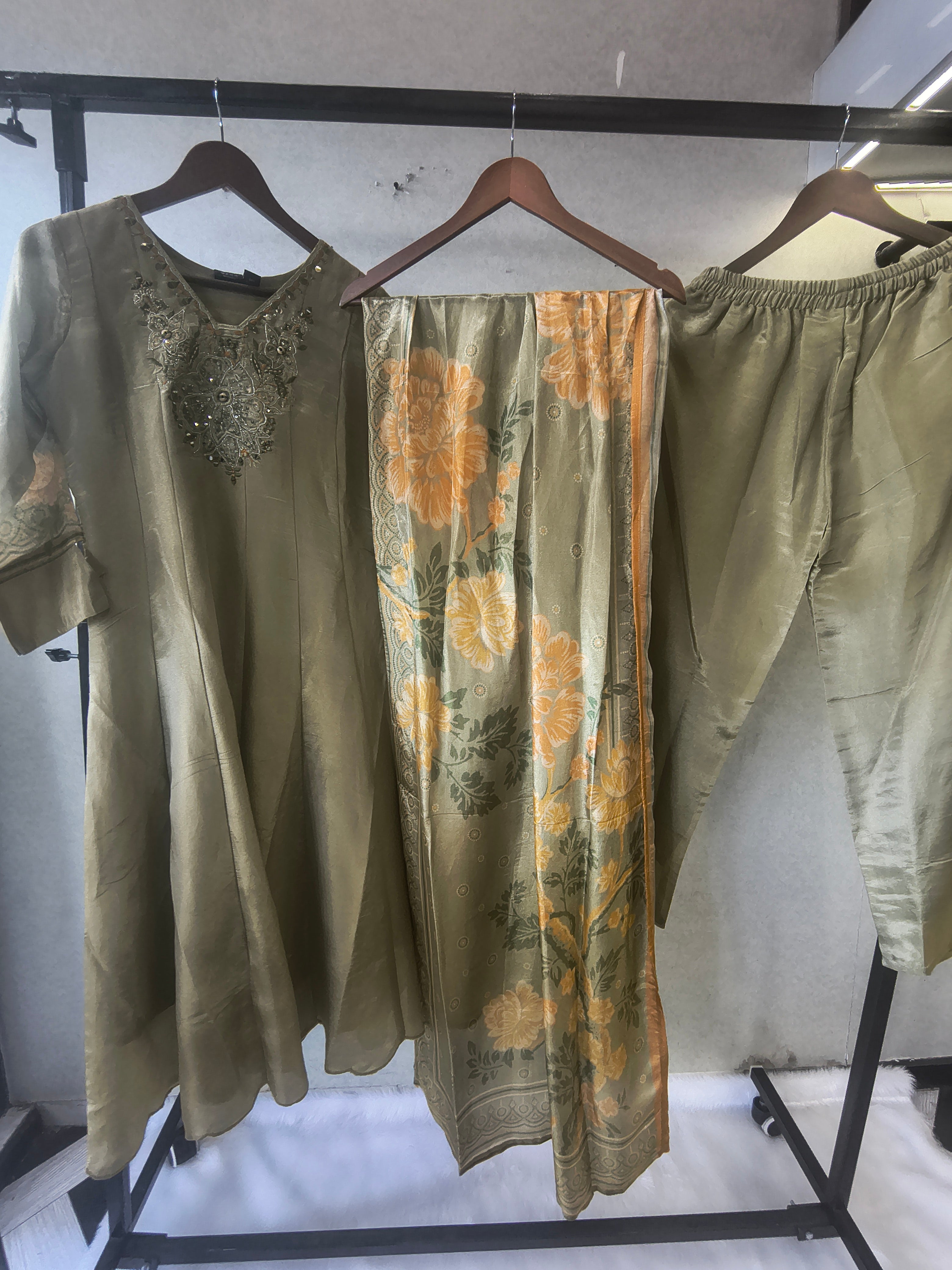 Image of Sage Olive Embroidered Designer Kurta Set with Floral Printed Dupatta | Premium 3 Piece Ethnic Suit
