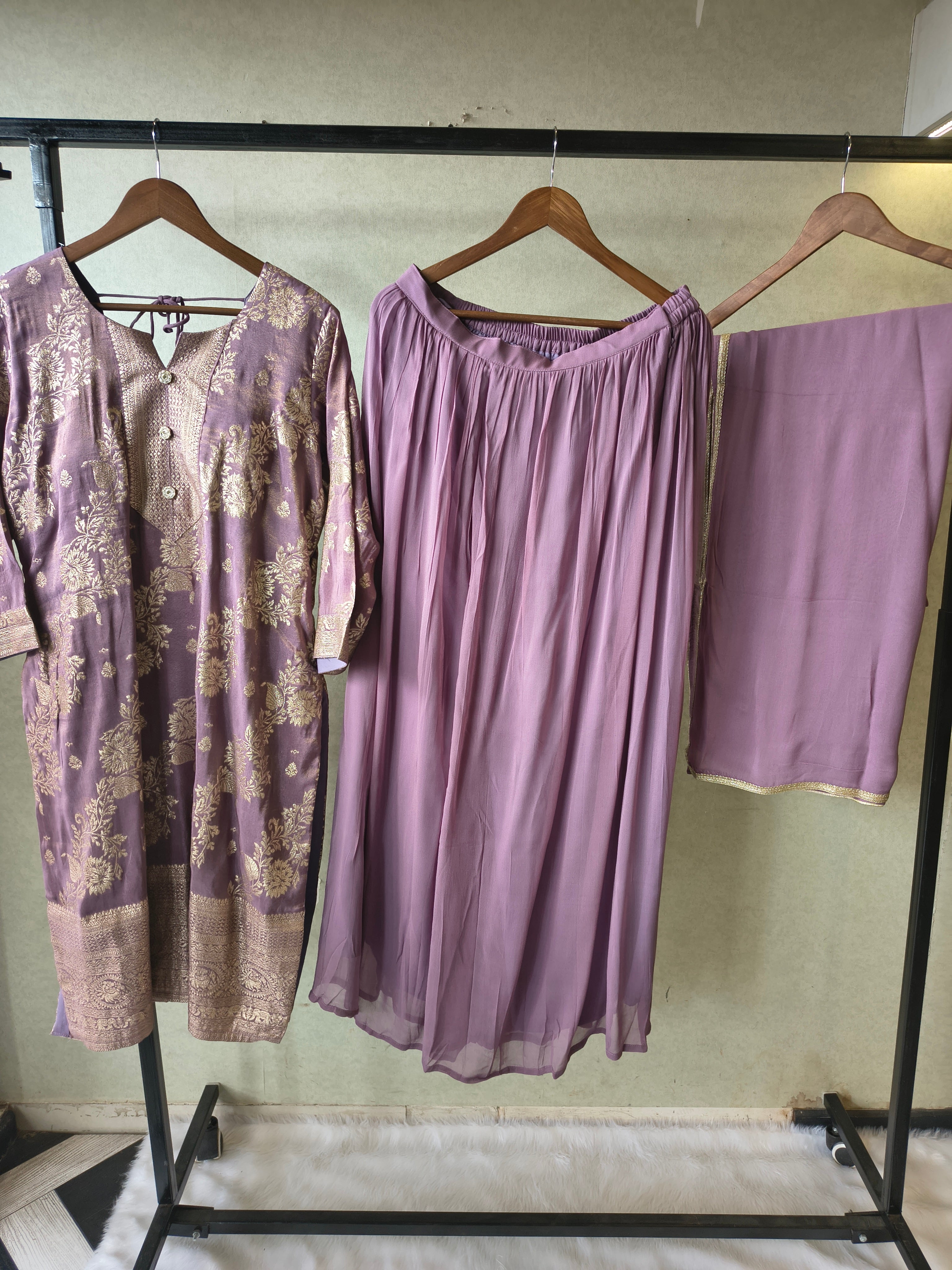 Image of Premium Lavender Jacquard Straight Kurta with Georgette Sharara & Dupatta Set