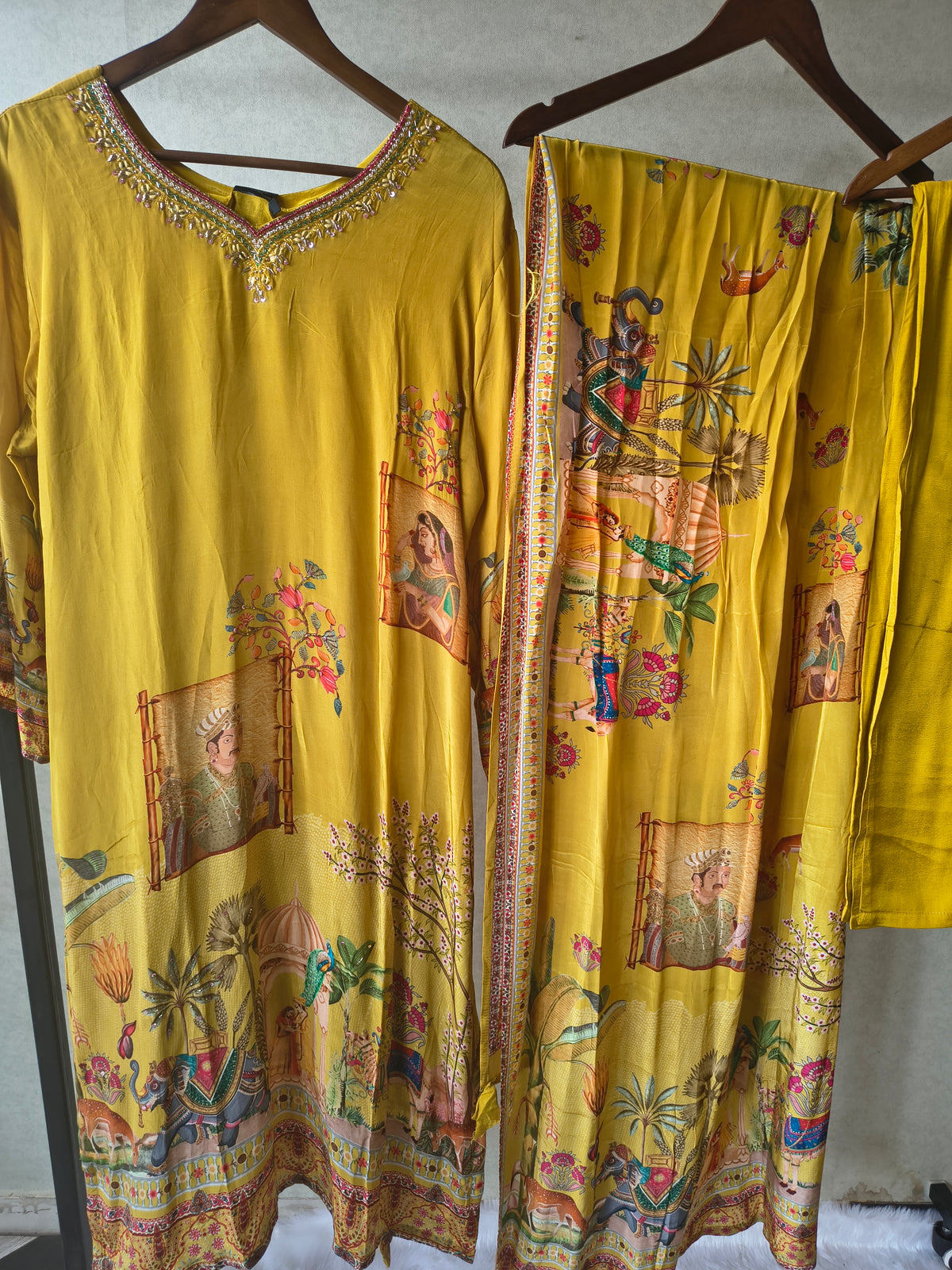 Premium Mustard Yellow Heritage Print Straight Kurta Set with Scenic Dupatta & Straight Pants