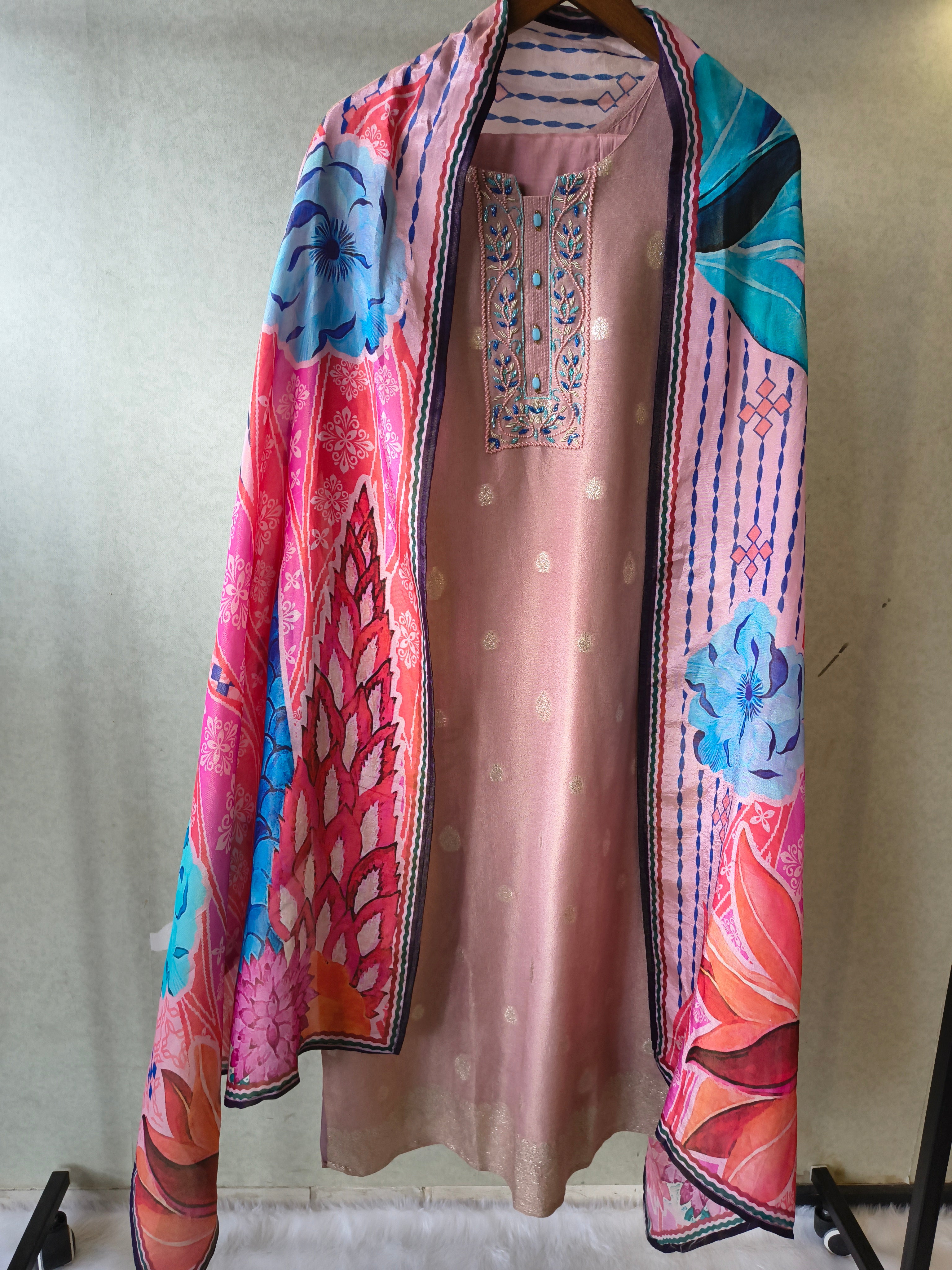 Image of Premium Blush Pink Embroidered Straight Kurta with Cigarette Pants & Designer Printed Dupatta Set
