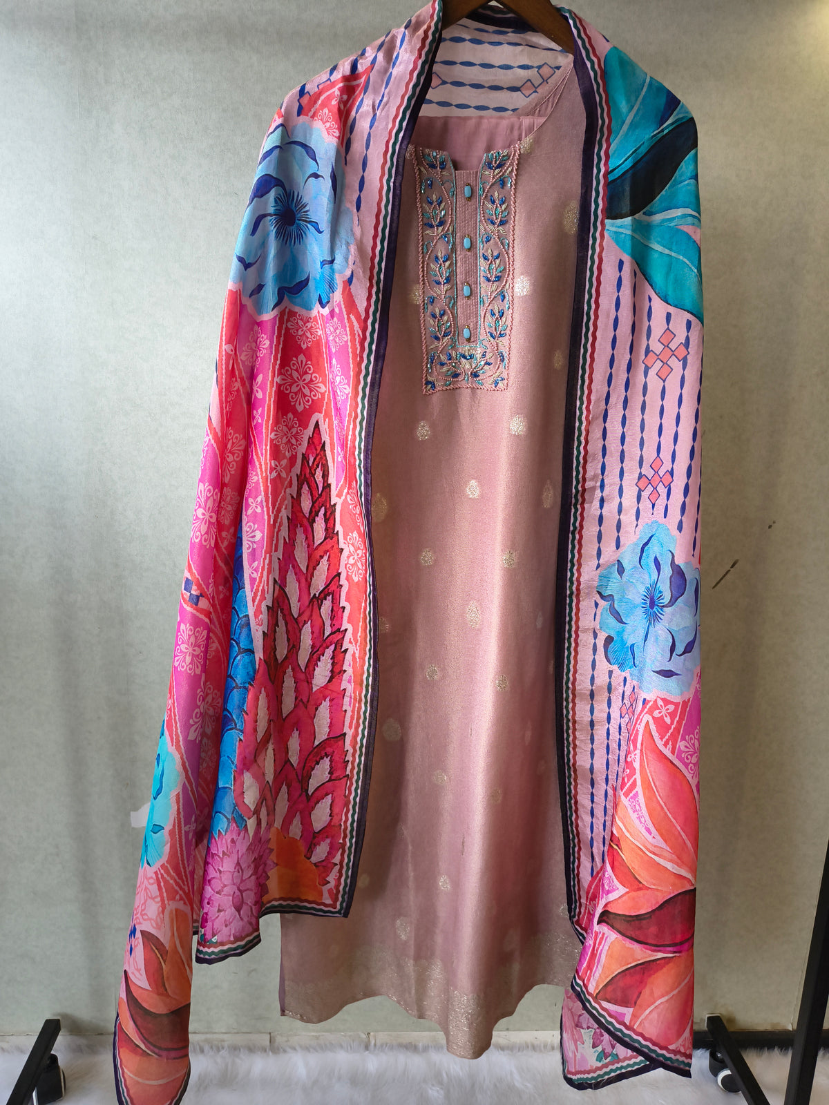 Premium Blush Pink Embroidered Straight Kurta with Cigarette Pants & Designer Printed Dupatta Set