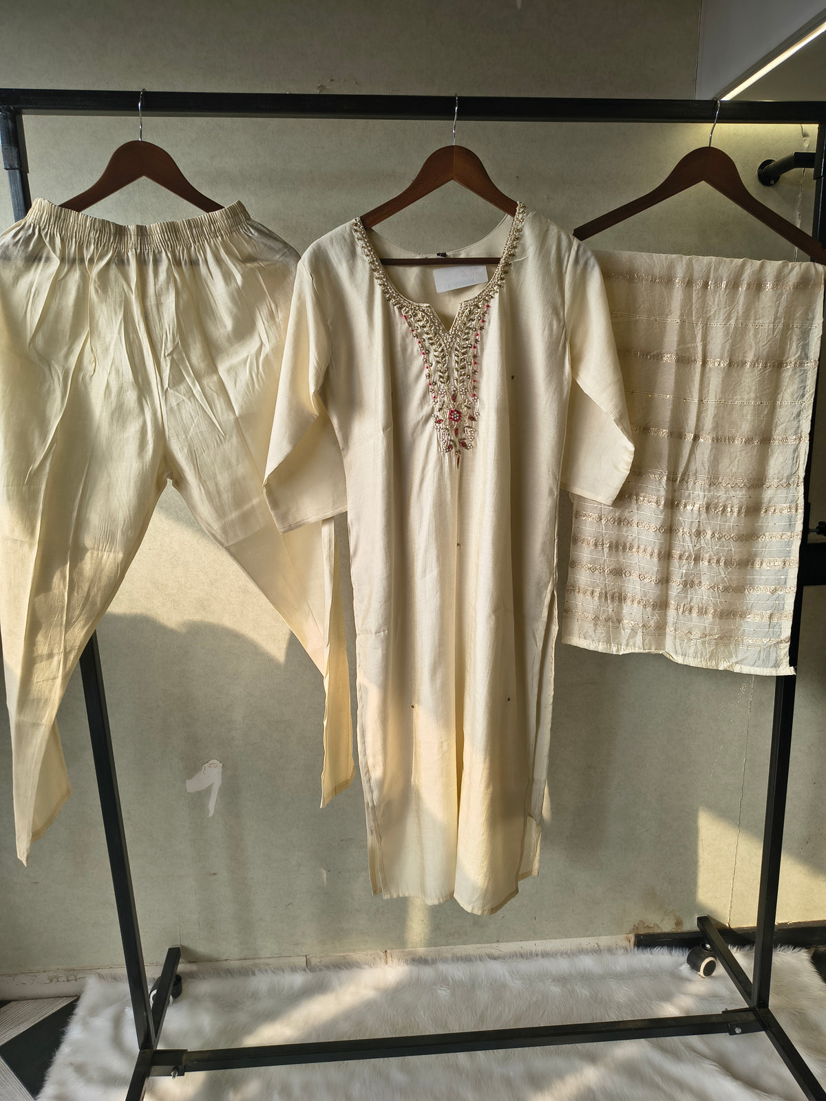 Premium Ivory Hand-Embroidered Straight Kurta with Cotton Pants & Woven Dupatta Set