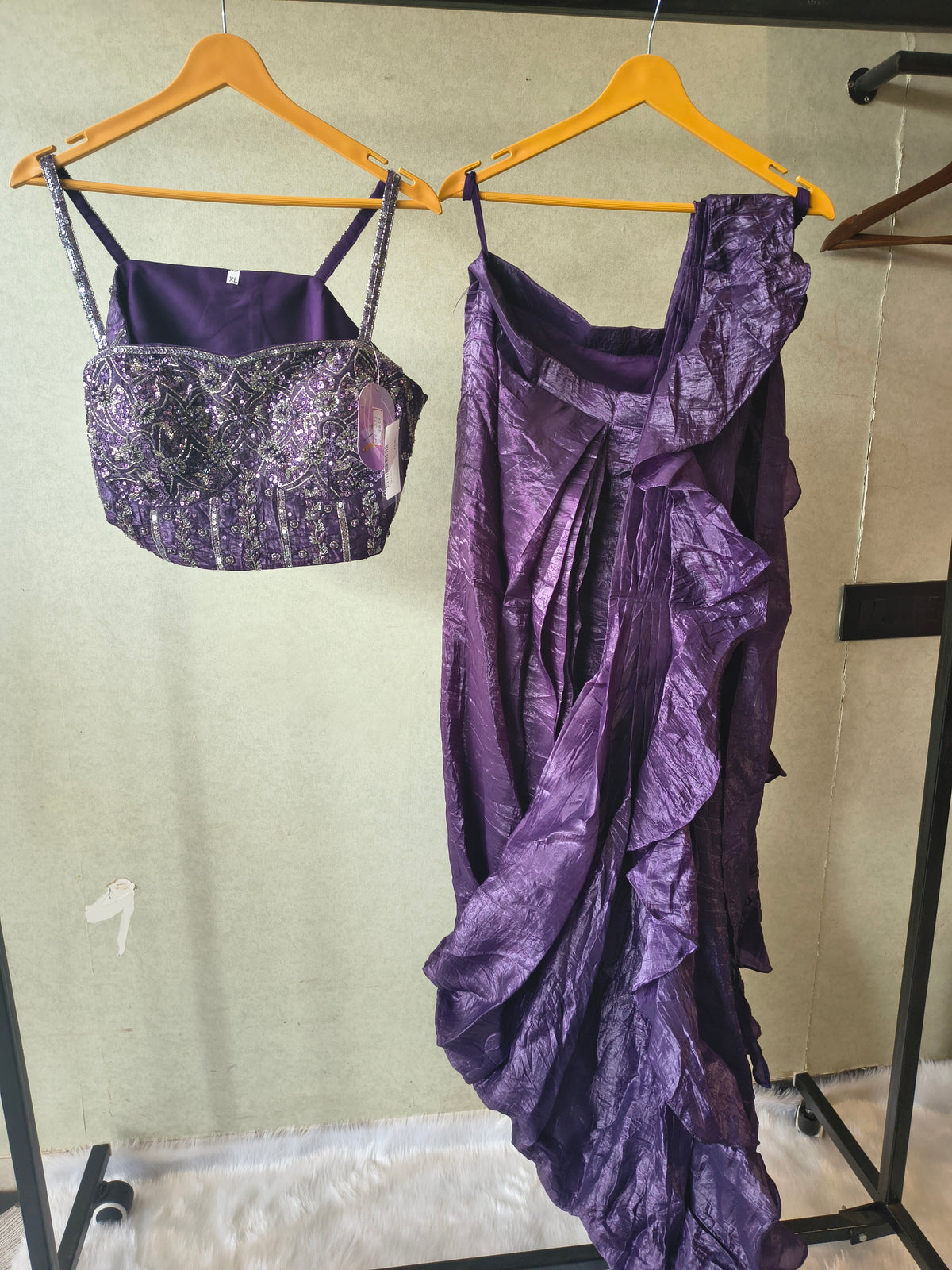 Premium Purple Pre-Draped Designer Saree with Heavy Hand Embroidered Sequins Blouse