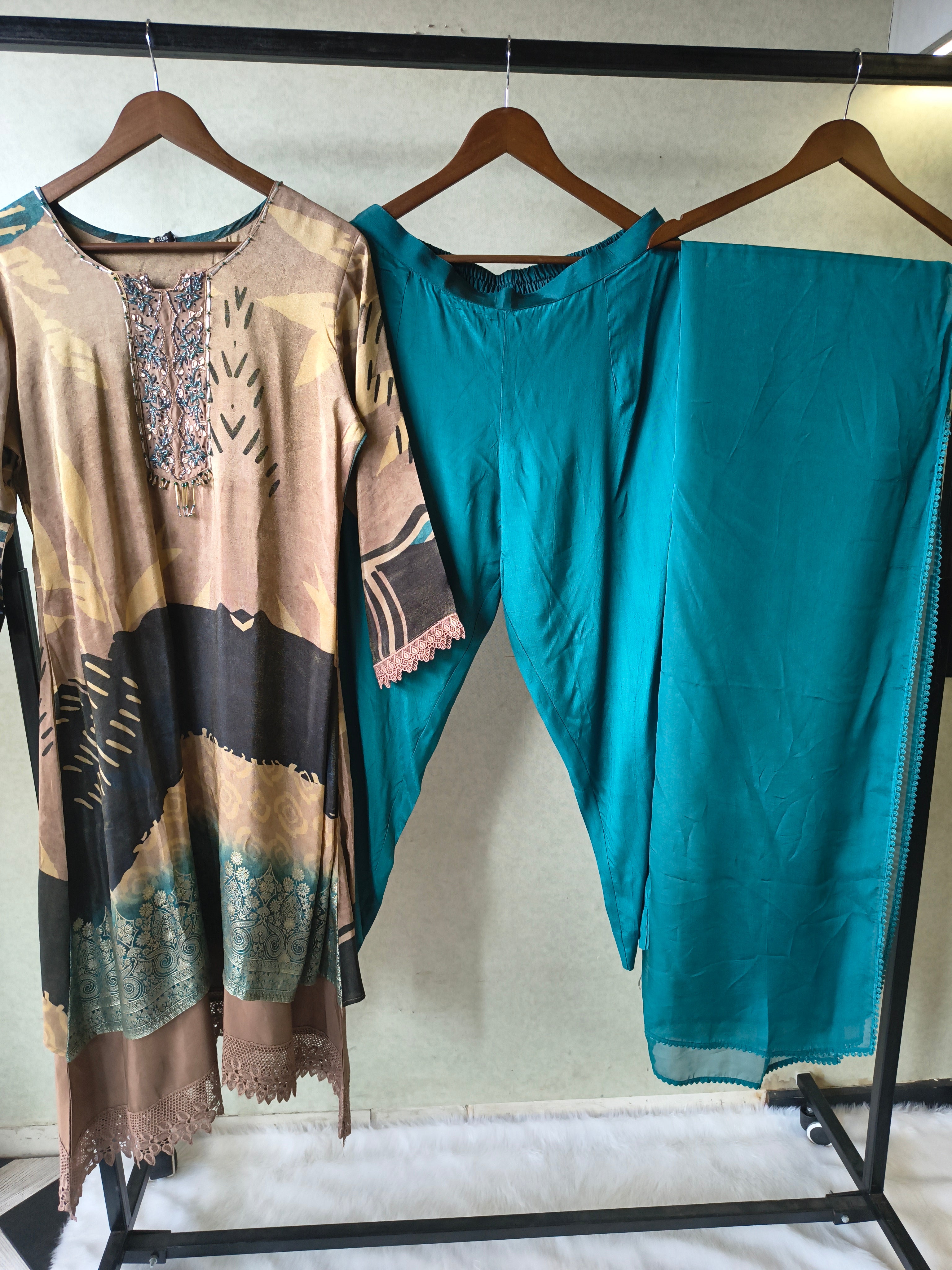 Image of Premium Abstract Print Straight Kurta with Cigarette Pants & Dupatta Set