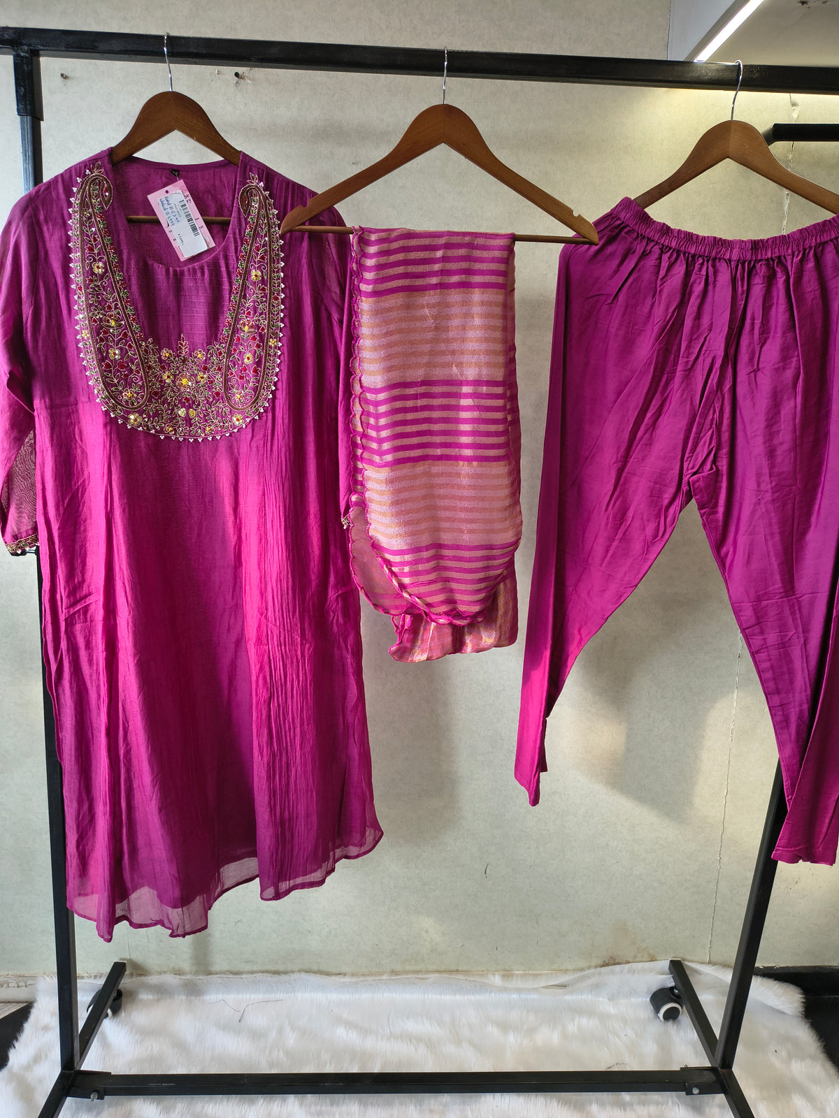 Magenta Embroidered Straight Kurta Set with Heavy Handcrafted Yoke, Striped Organza Dupatta & Premium 3 Piece Ethnic Ensemble