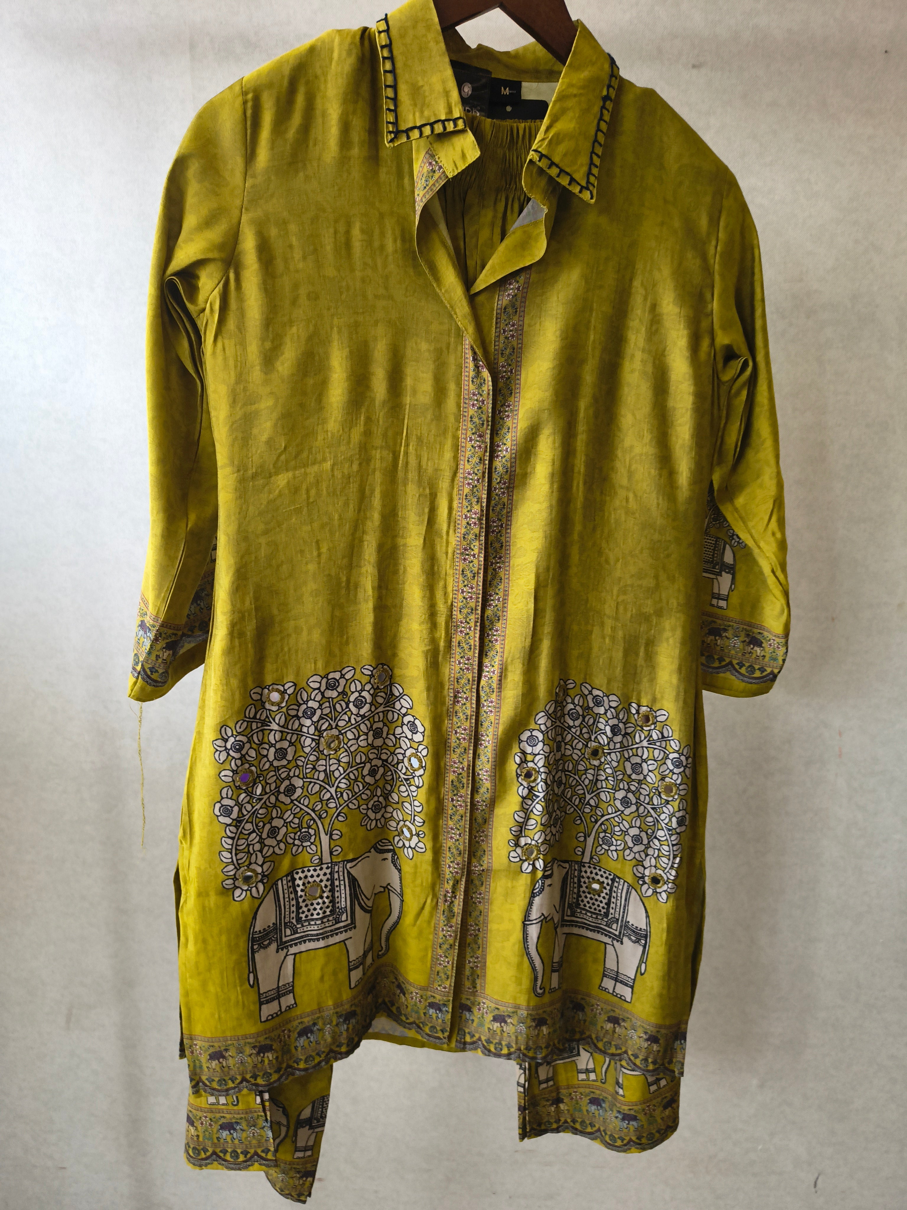 Image of Mustard Yellow Elephant Print Designer Co-Ord Set with Asymmetrical Hem