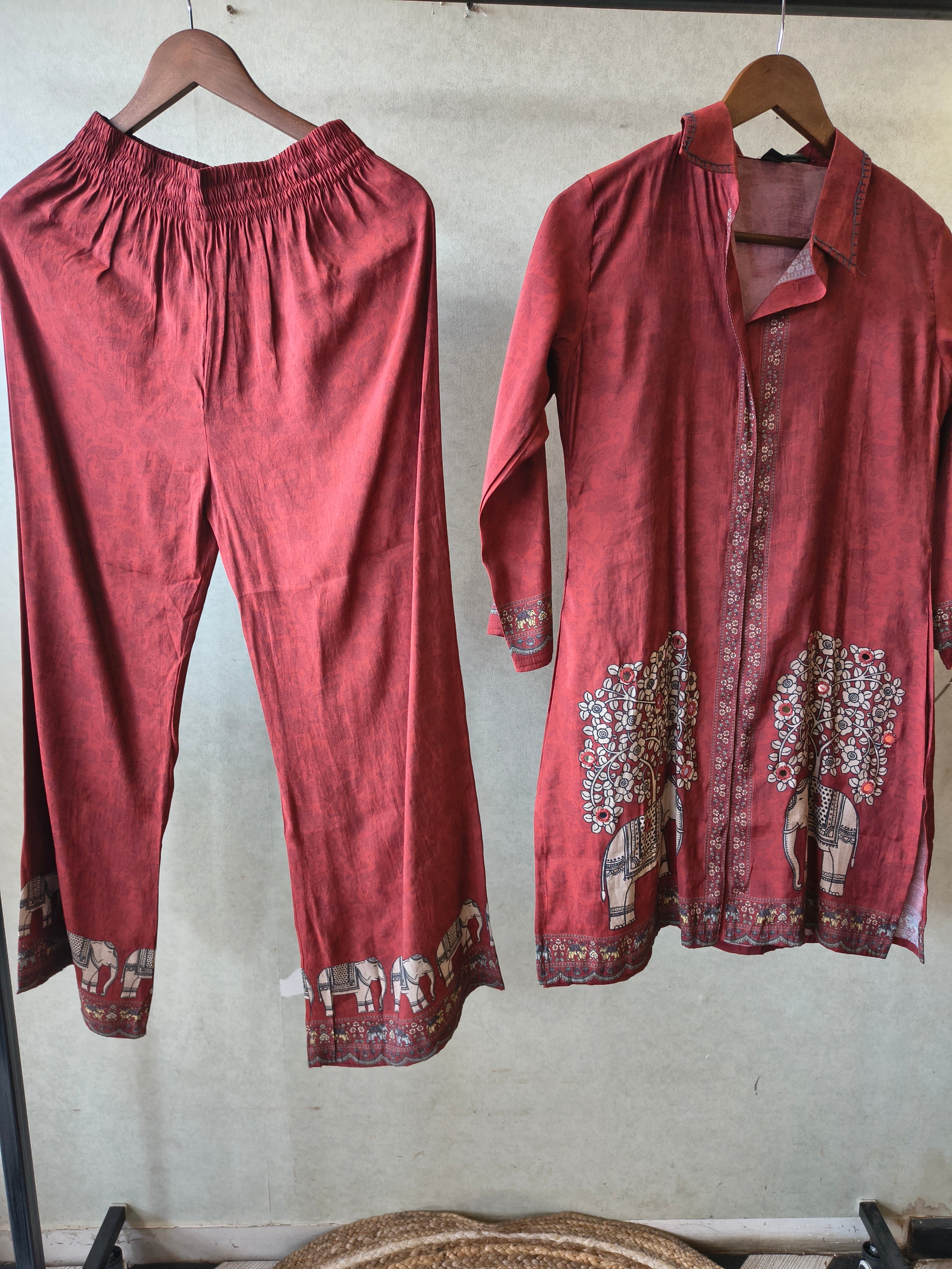 Image of Rust Red Elephant Print Designer Co-Ord Set with Asymmetrical Hem