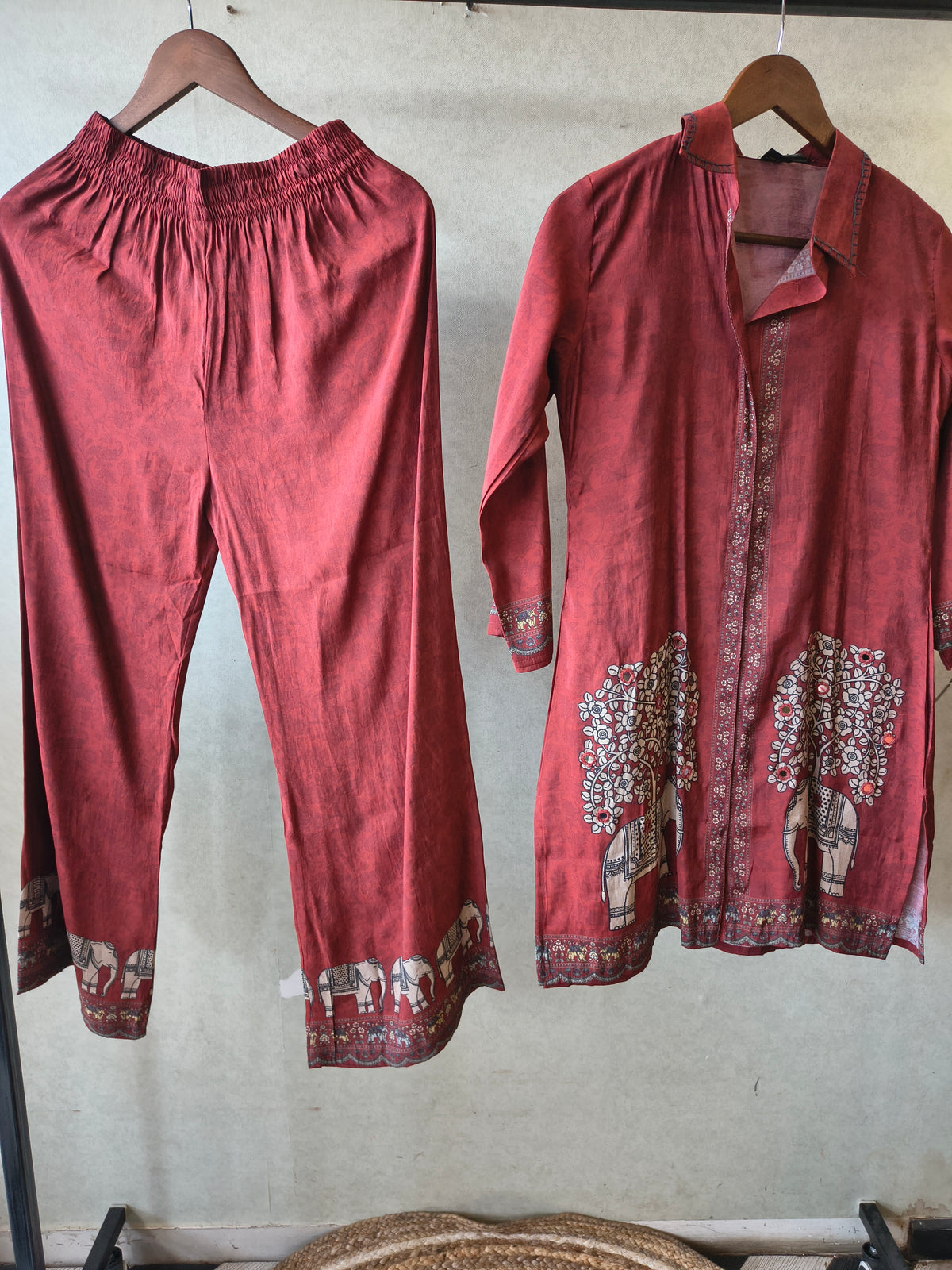 Rust Red Elephant Print Designer Co-Ord Set with Asymmetrical Hem