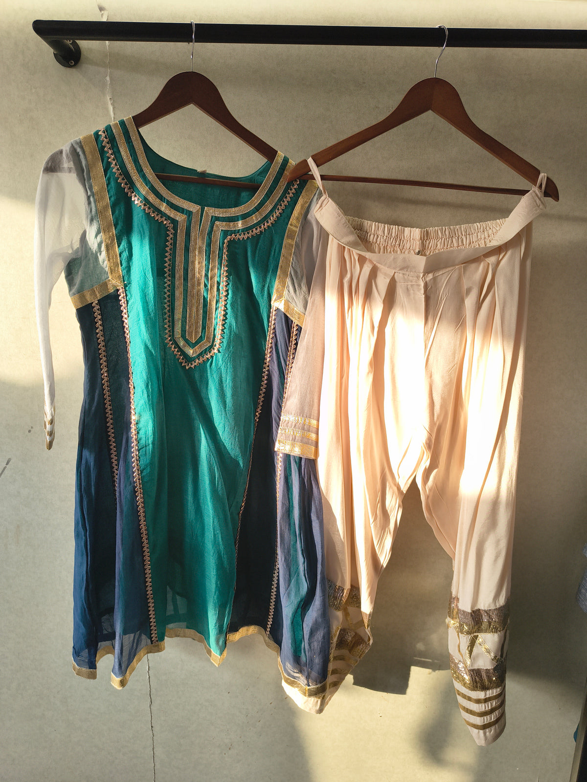 Teal & Navy Colour Block Designer Kurta Set with Gota Patti Dhoti Pants