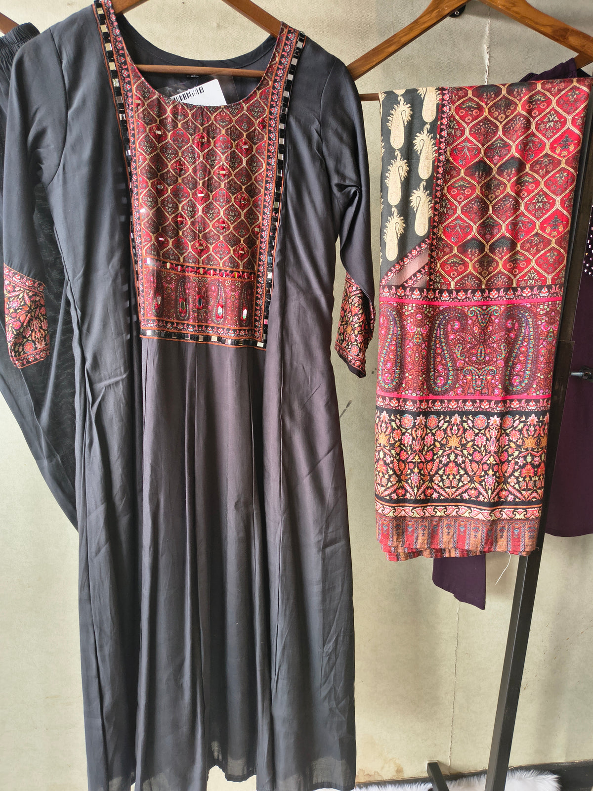 Premium Black Printed Anarkali Kurta Set with Ethnic Yoke, Solid Pants & Designer Dupatta