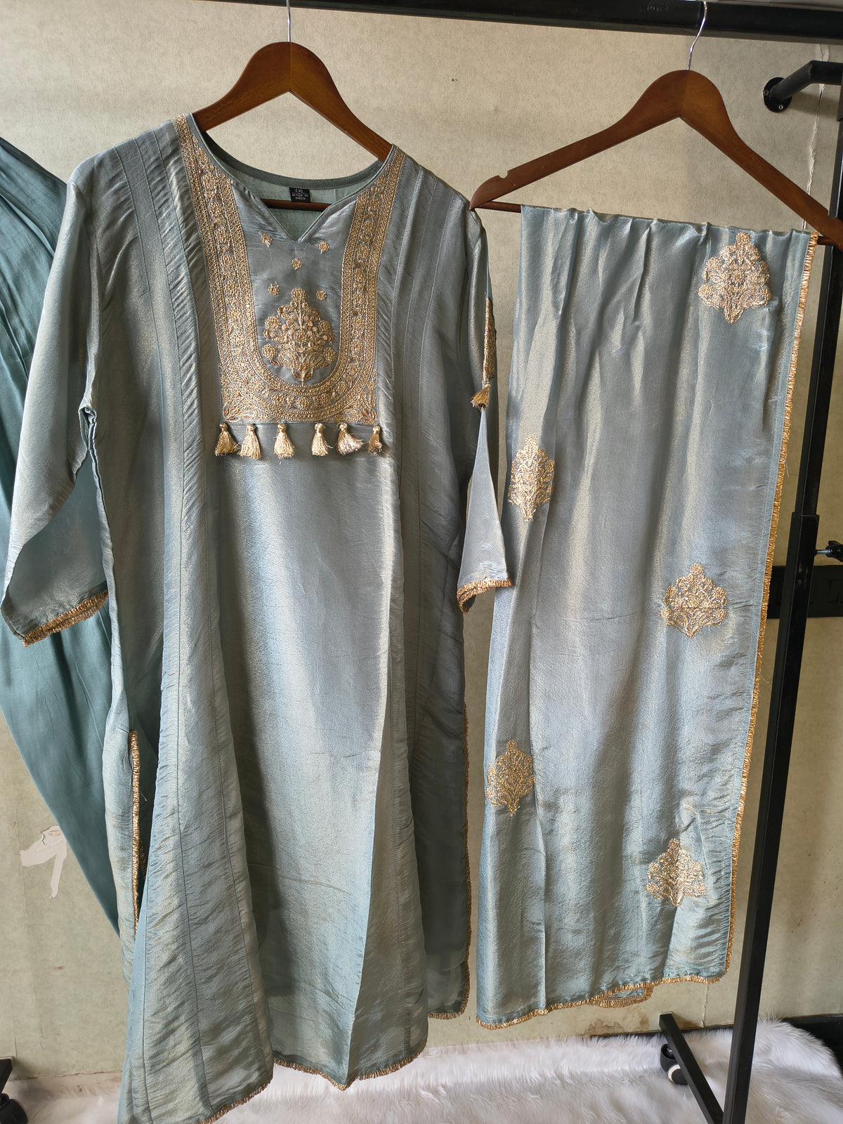Premium Sage Blue Embroidered A-Line Kurta Set with Dupatta