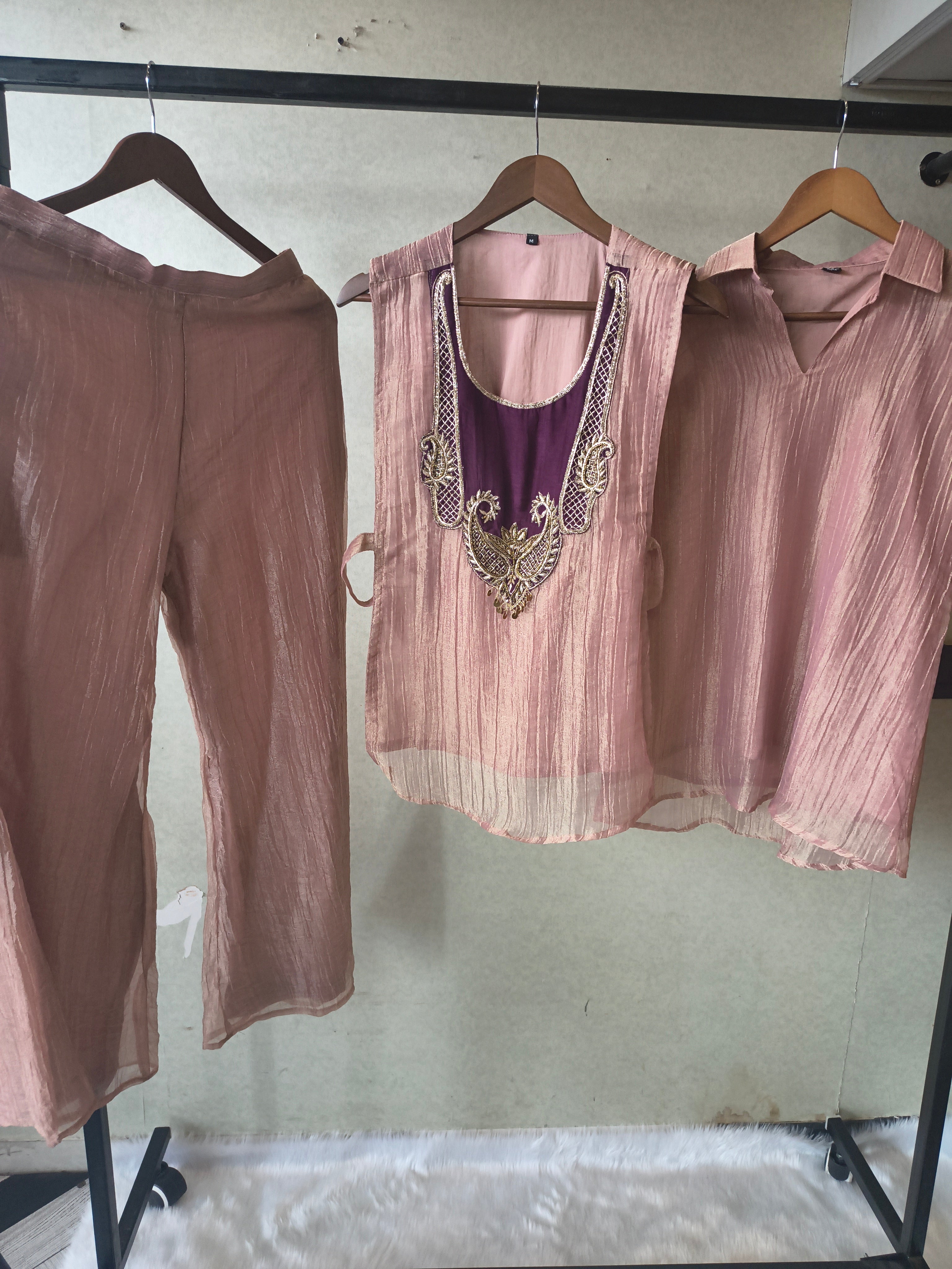 Image of Premium Champagne Tissue Silk Embroidered Kurta with Hand Embellished Statement Yoke