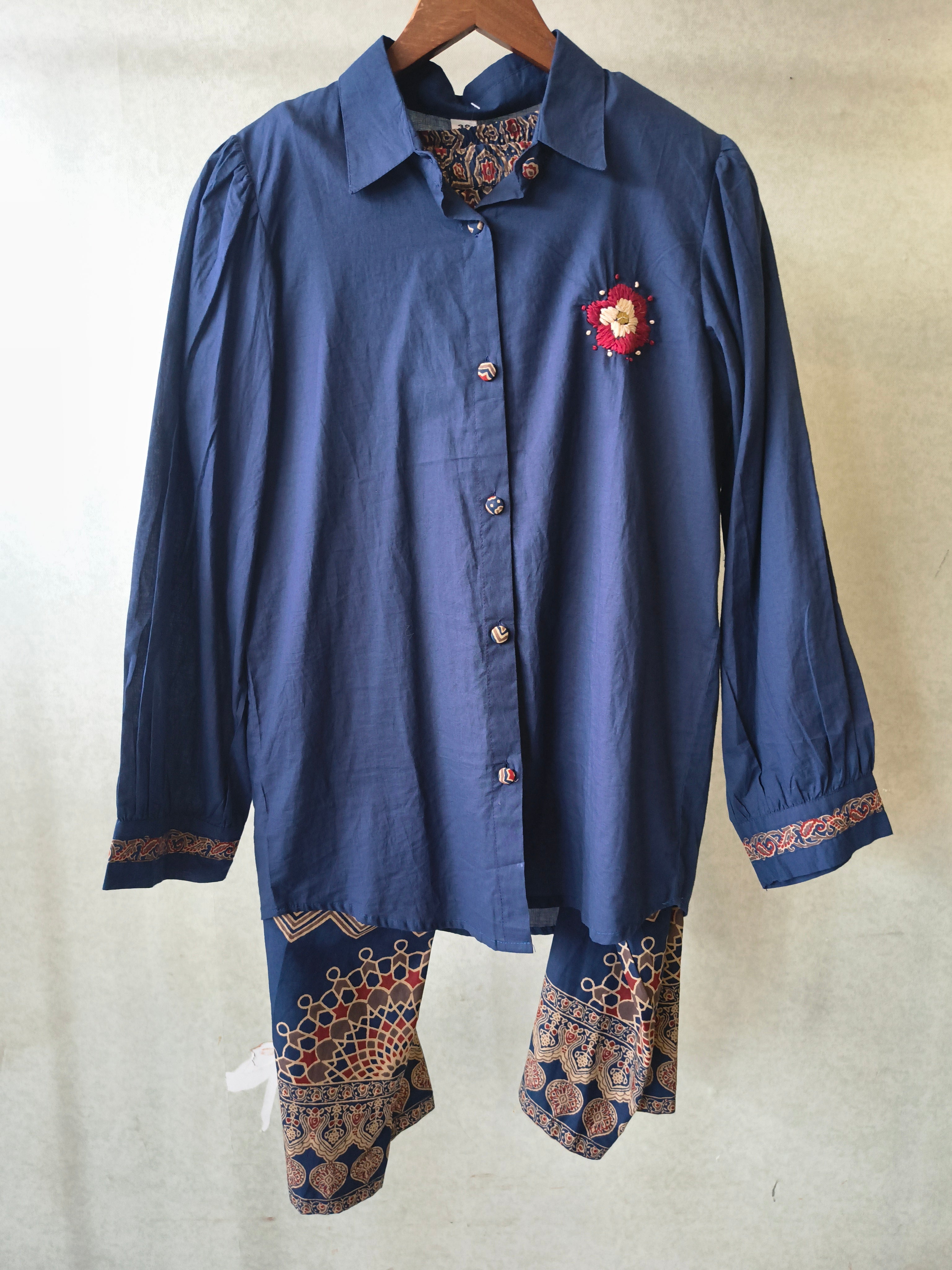 Image of Navy Blue Designer Shirt Co-Ord Set with Statement Printed Palazzo Pants