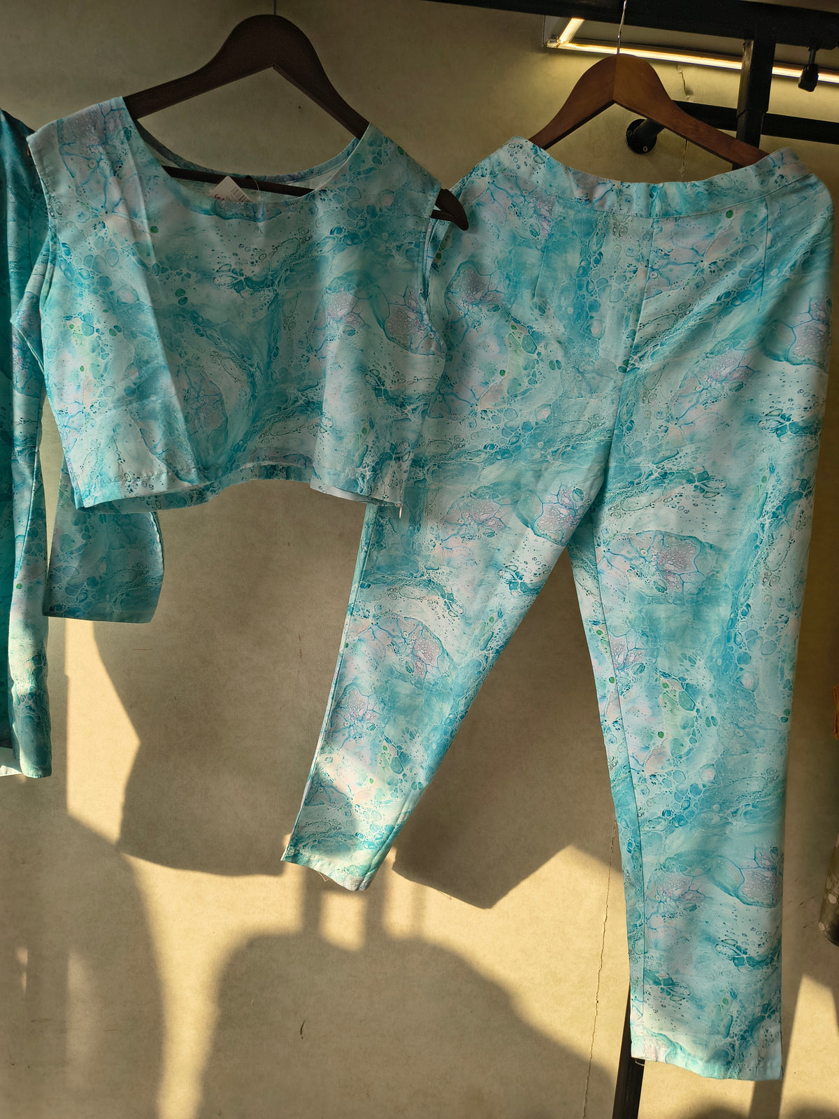 Premium Aqua Marble Print Blazer, Crop Top & Straight Pants Co-Ord Set