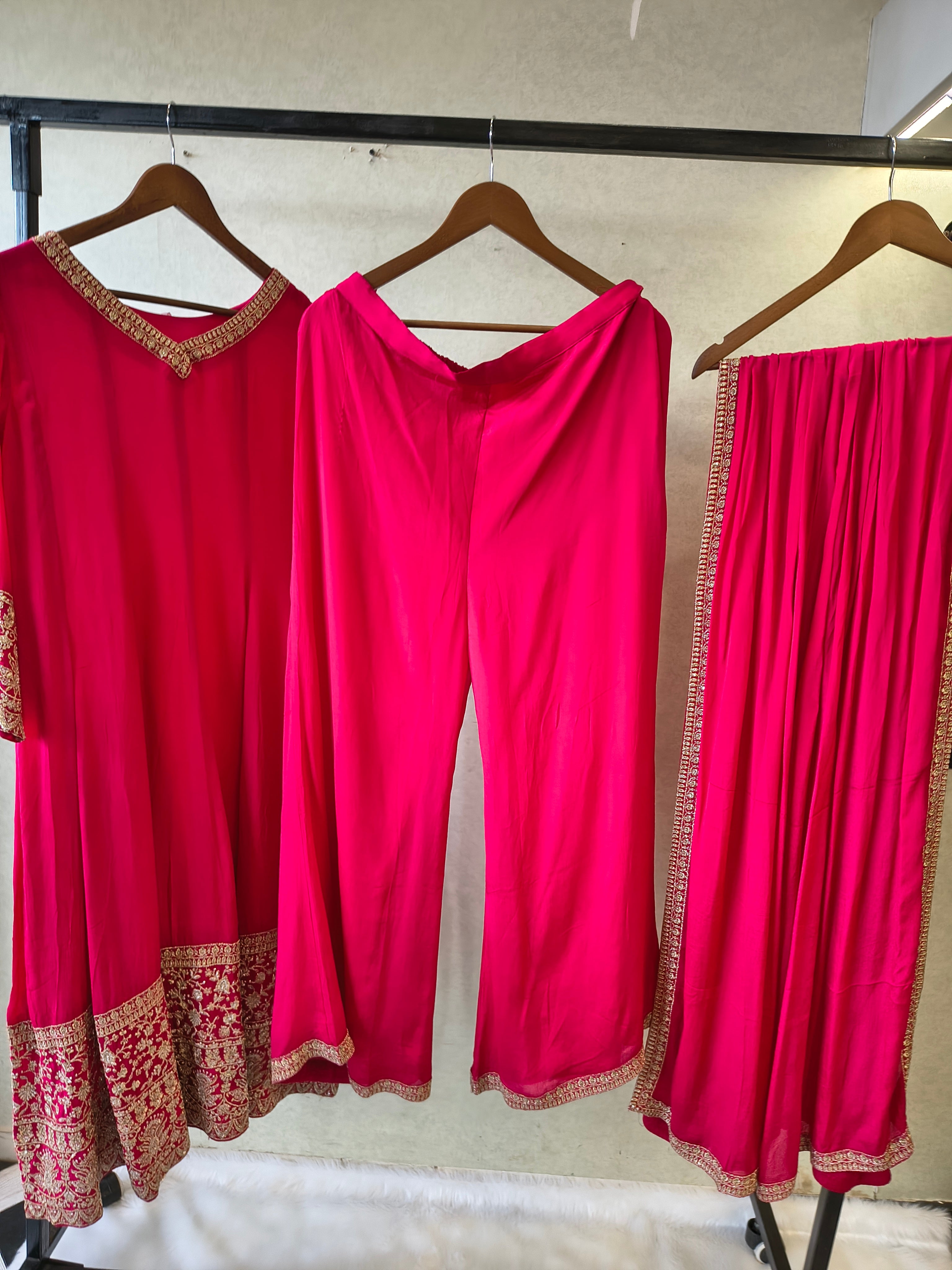 Image of Rani Pink Embroidered Straight Kurta Set with Dupatta | Premium 3 Piece Festive Ethnic Suit