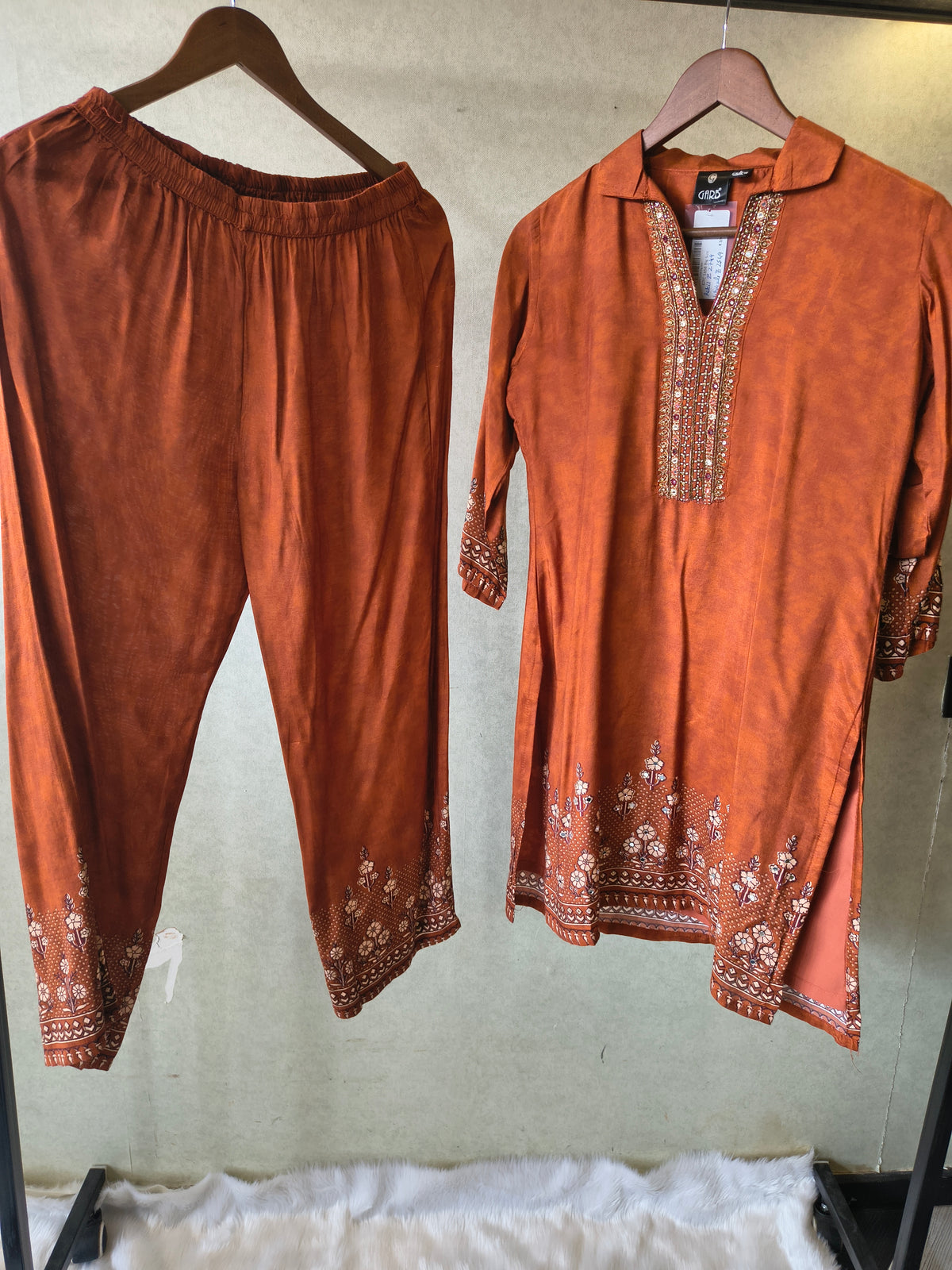 Rust Brown Designer Ethnic Co-Ord Set with Embellished Neckline & Printed Borders