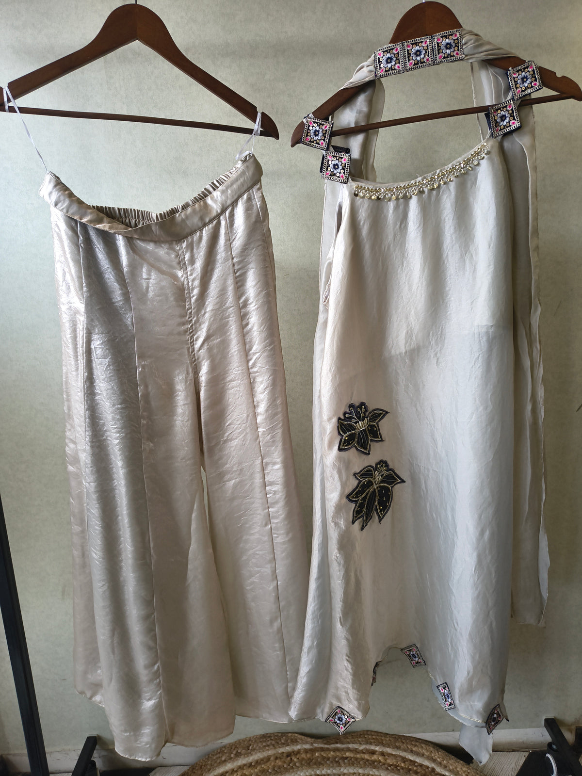 Ivory Designer A-Line Dress with Handcrafted Floral Appliqué & Embellished Scarf