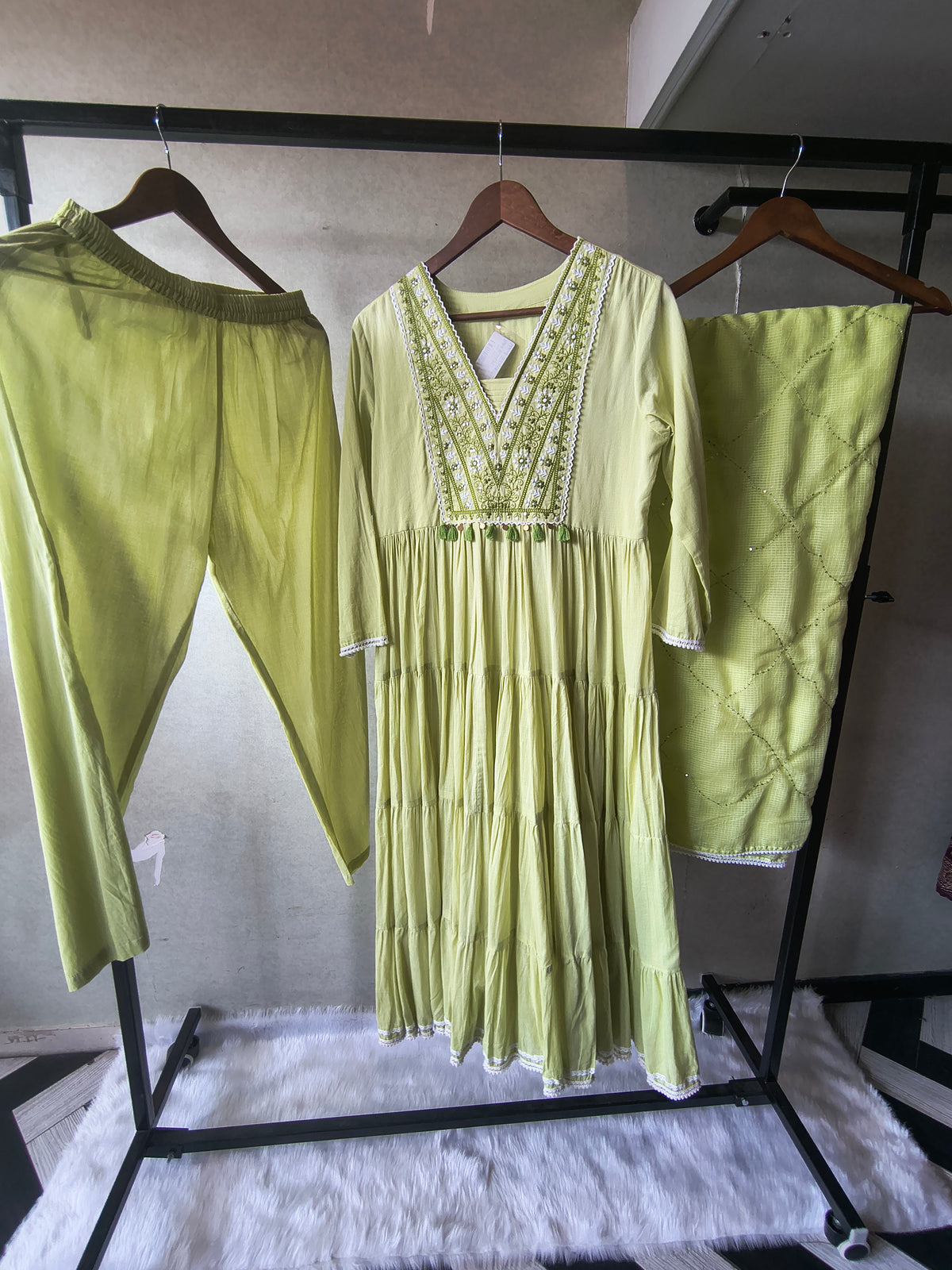 Lime Green Cotton Tiered Kurta Set with Embroidered Yoke & Quilted Dupatta