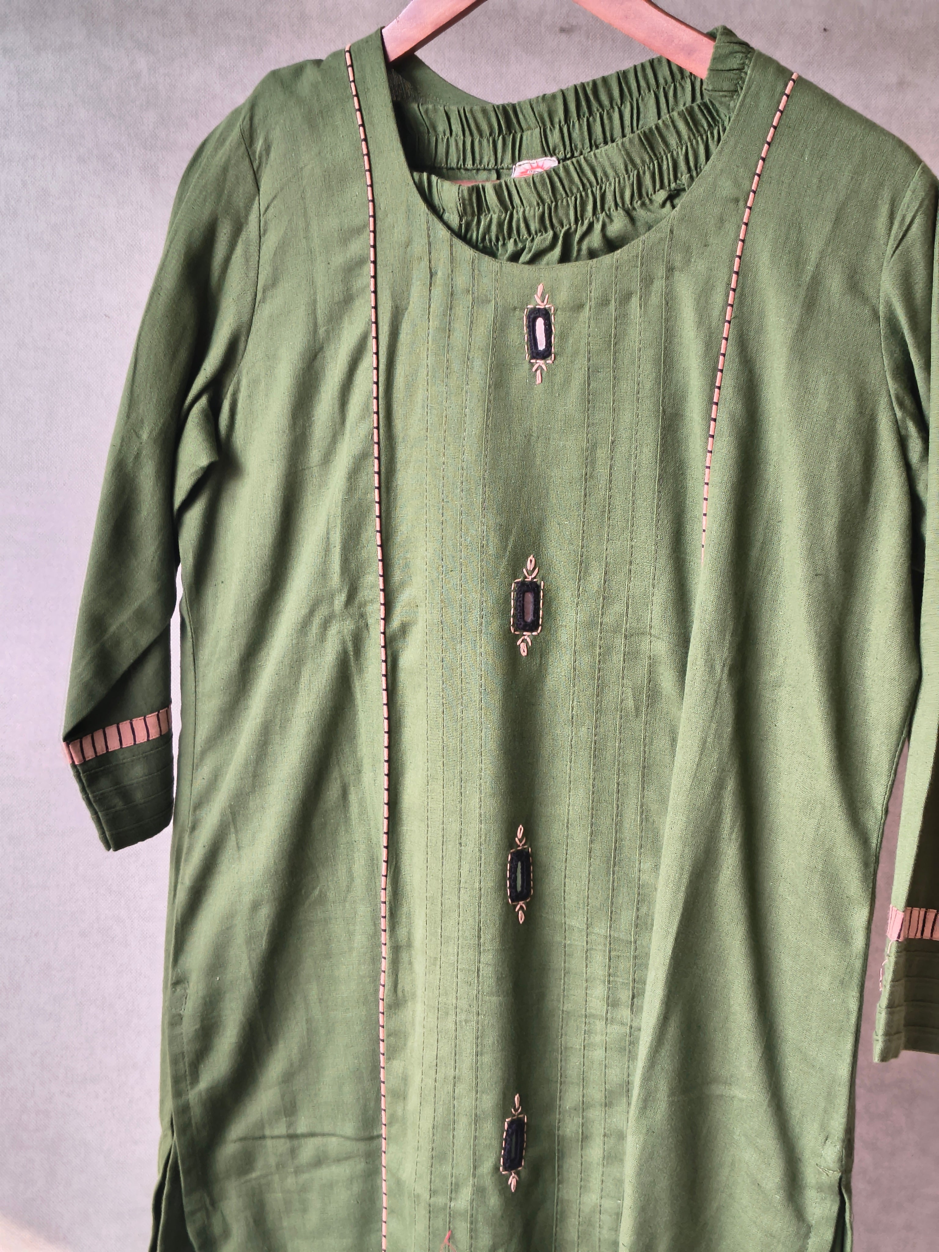 Image of Tadko Premium Olive Green Straight Kurta Co-Ord Set with Embellished Yoke