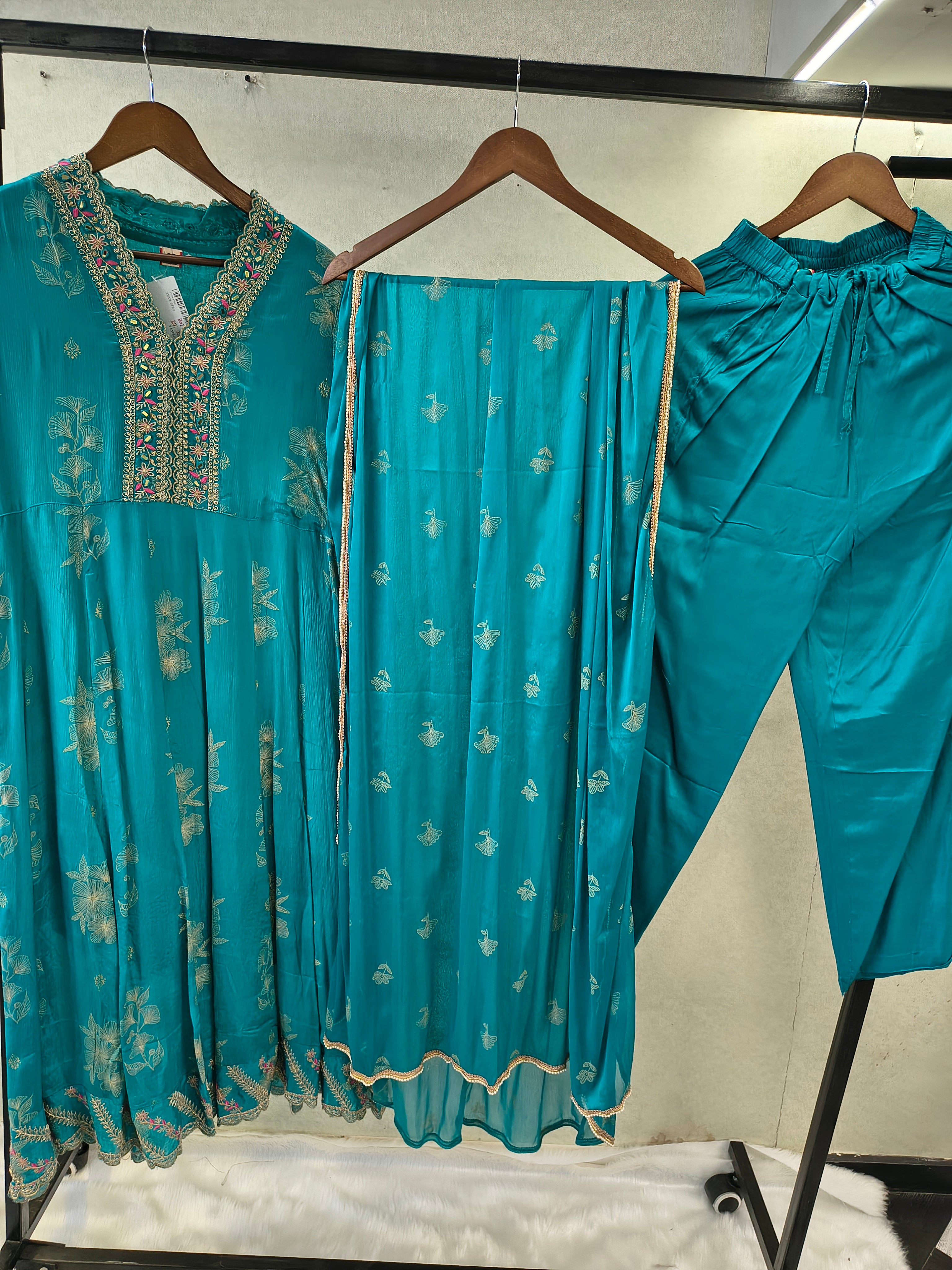 Image of Teal Blue Floral Embroidered Anarkali Kurta Set with Straight Pants & Embroidered Chiffon Dupatta | Premium 3 Piece Festive Ensemble
