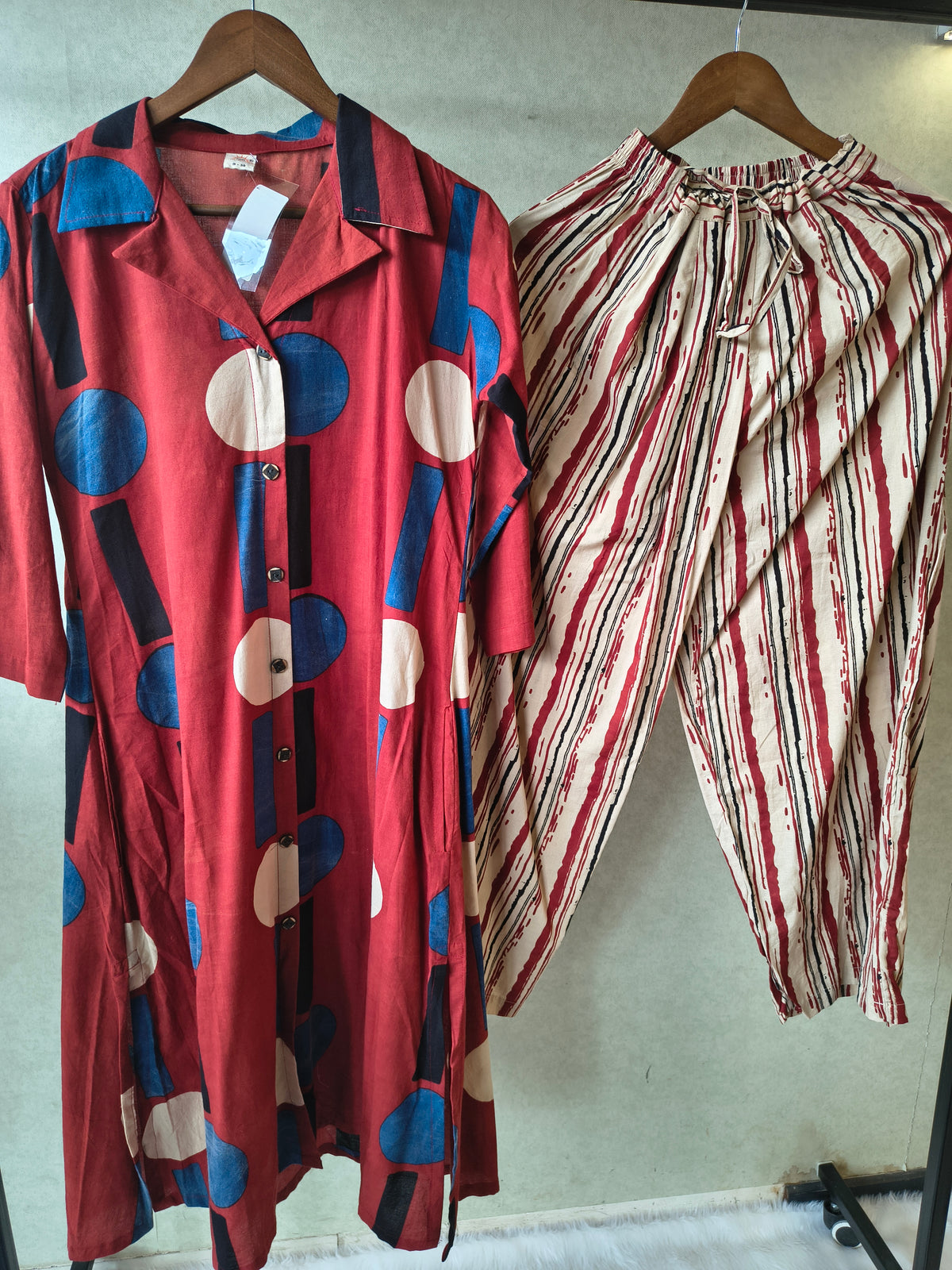 Premium Rust Red Abstract Printed Shirt Kurta with Striped Relaxed Pants Co-Ord Set