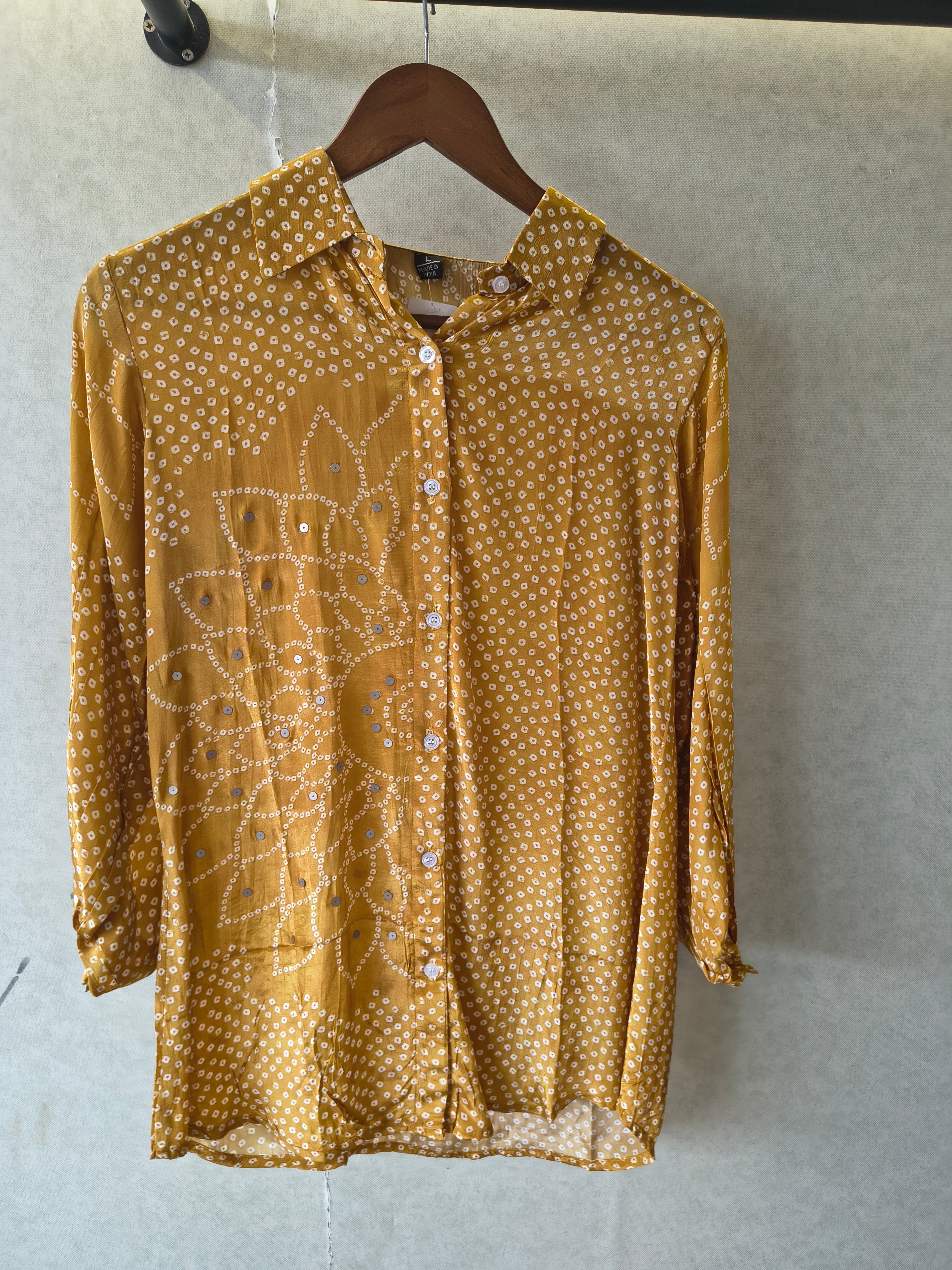 Image of Mustard Bandhani Floral Mirror Work Shirt Style Tunic