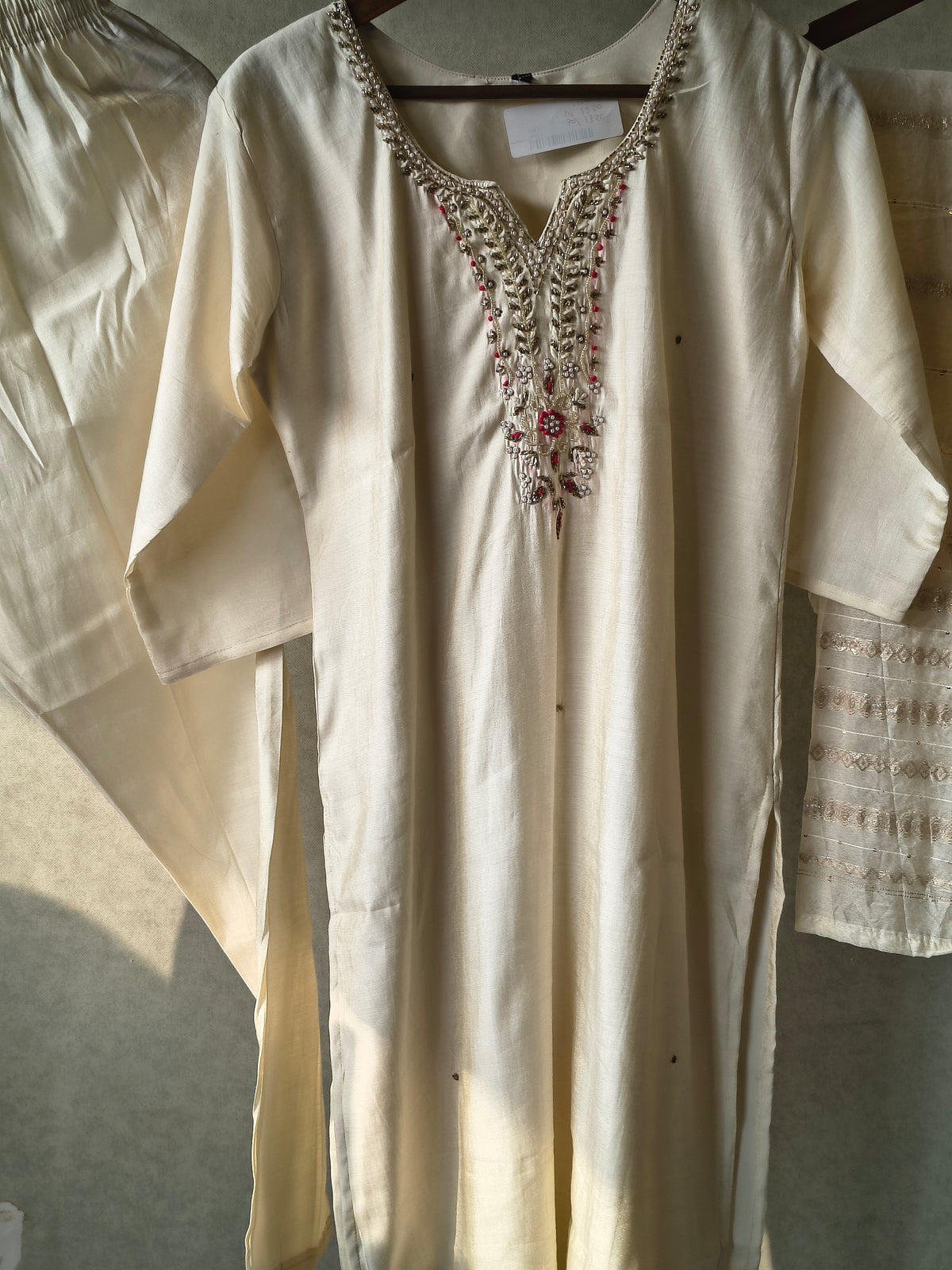 Premium Ivory Hand-Embroidered Straight Kurta with Cotton Pants & Woven Dupatta Set