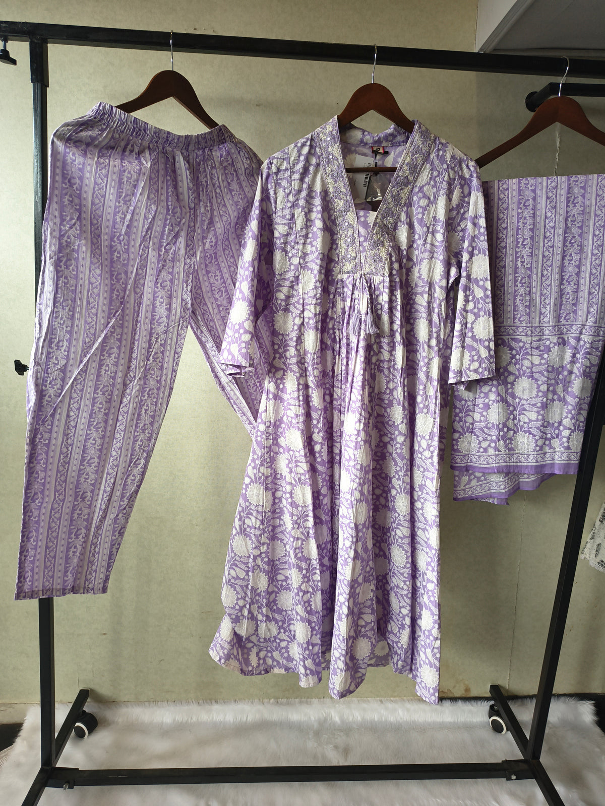 Premium Lavender Floral Printed Cotton Anarkali Kurta Set with Striped Pants & Printed Dupatta