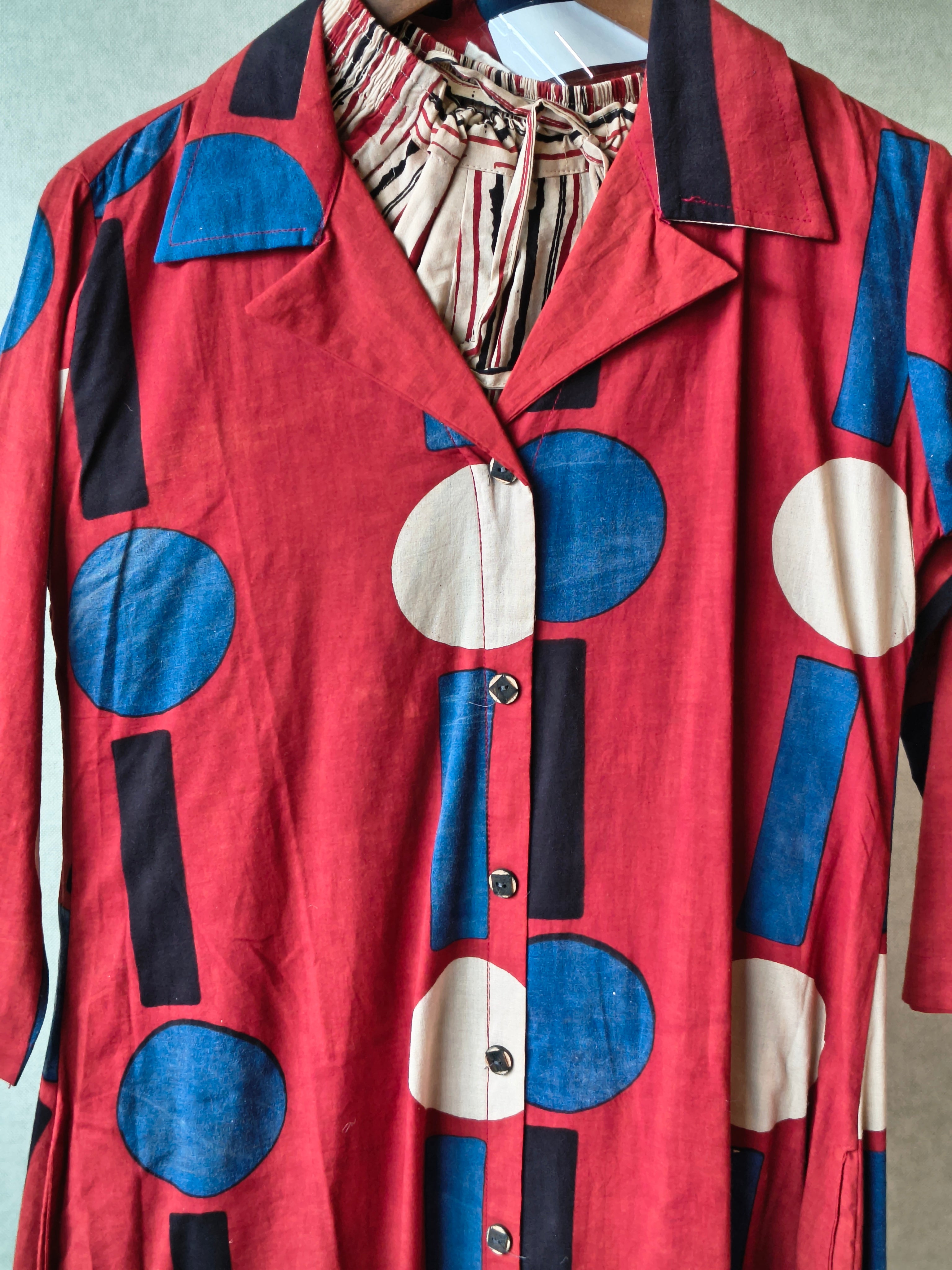 Image of Premium Rust Red Abstract Printed Shirt Kurta with Striped Relaxed Pants Co-Ord Set