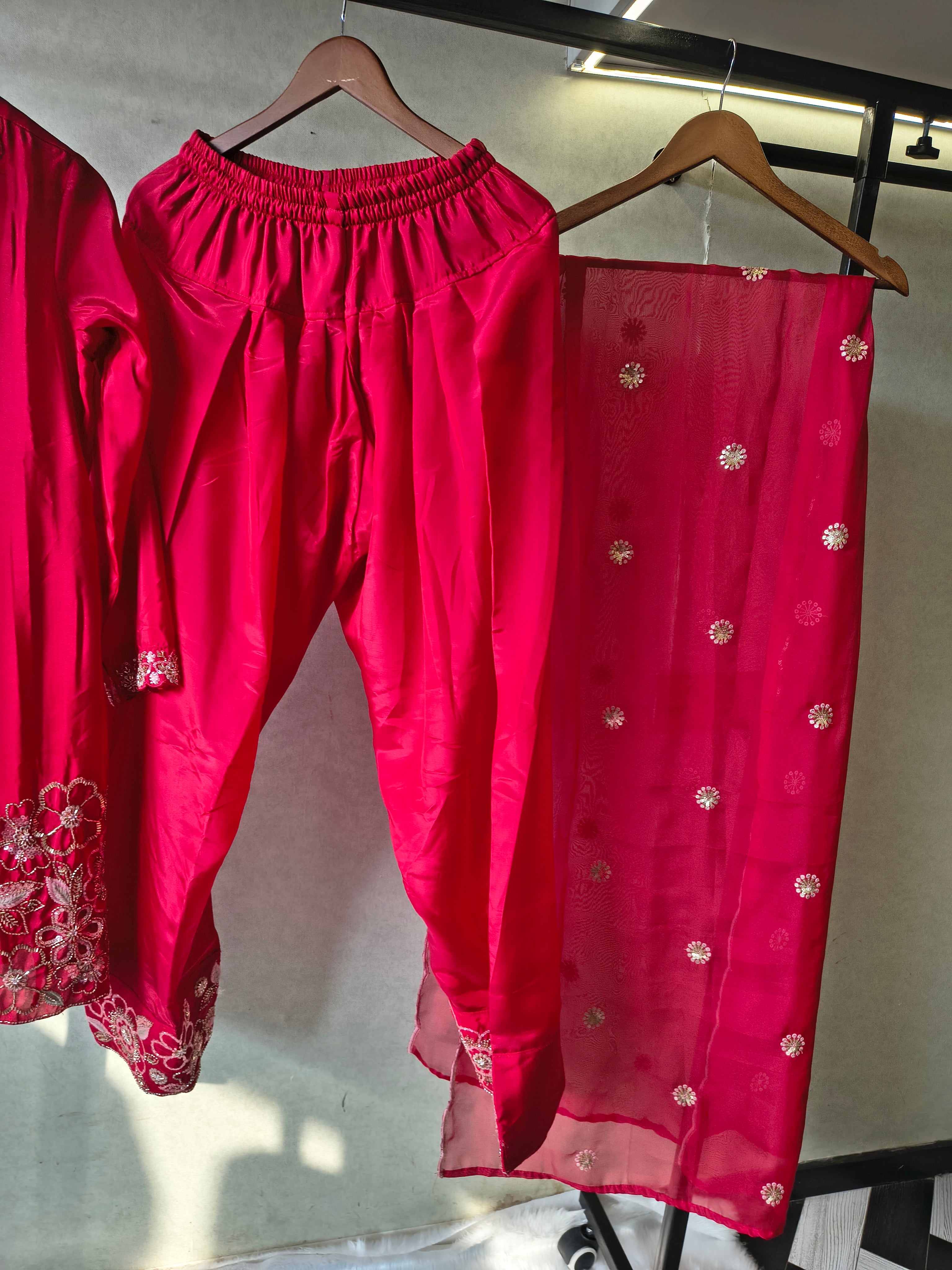 Image of Ruby Red Embroidered Straight Kurta Set with Floral Thread Work, Designer Neckline & Embellished Dupatta – Premium 3 Piece Ethnic Ensemble