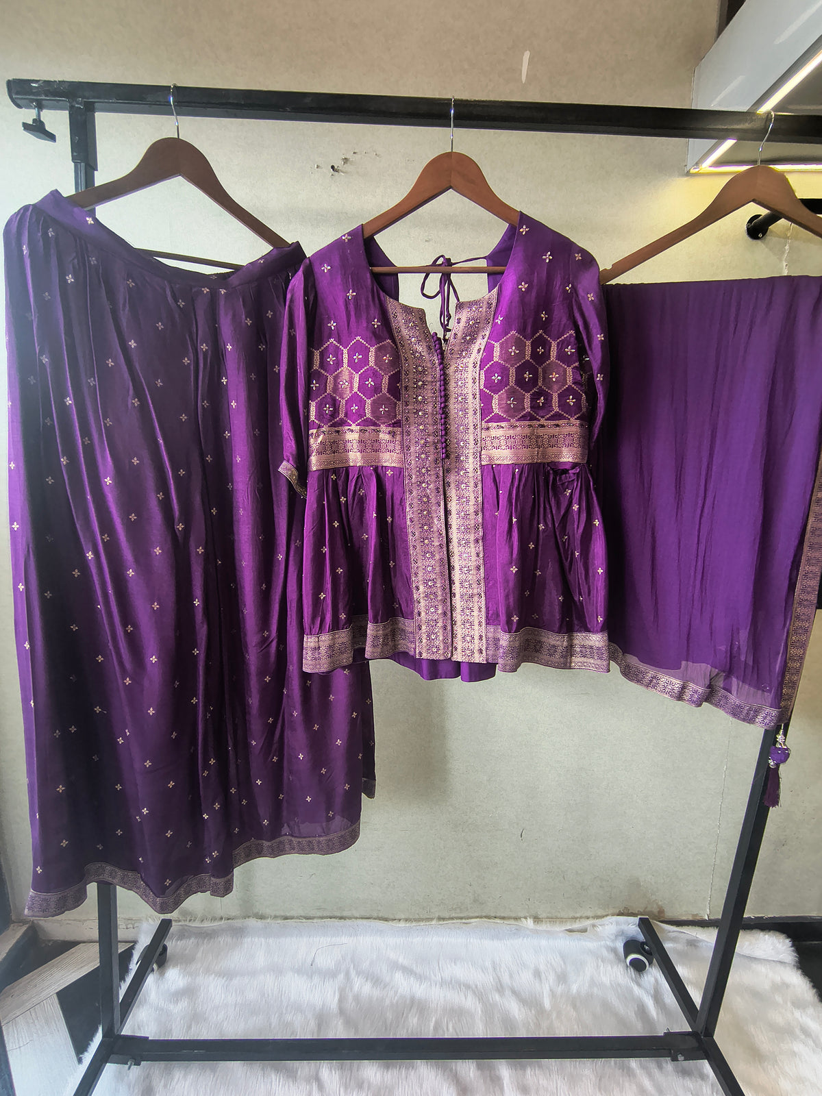 Royal Purple Tissue Silk Embroidered Peplum Jacket with Flared Palazzo & Designer Dupatta – 3 Piece Festive Indo-Western Set