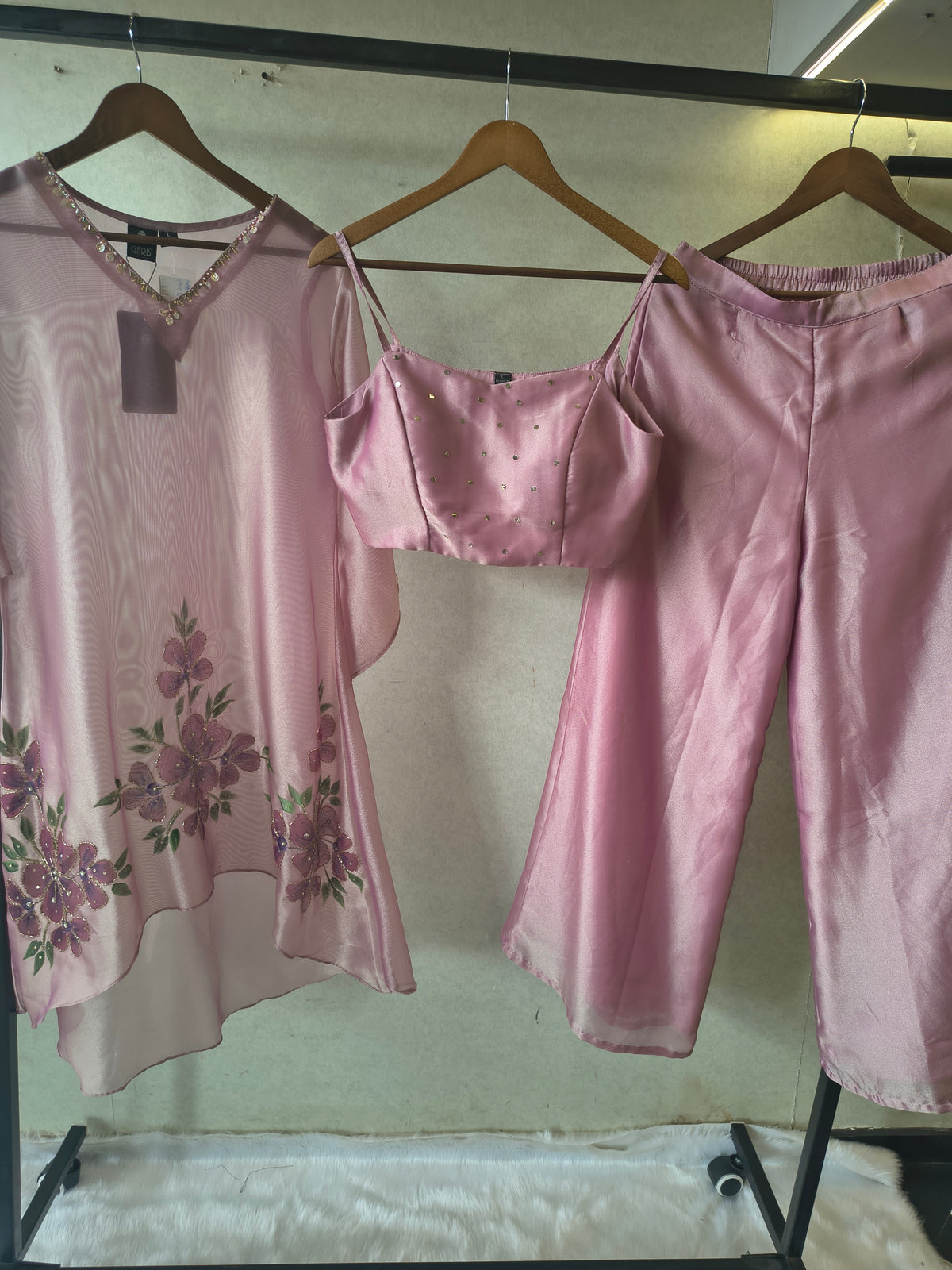 Blush Pink Floral Embroidered Kaftan Co-ord Set with Hand-Painted Cape, Embellished Blouse & Palazzo