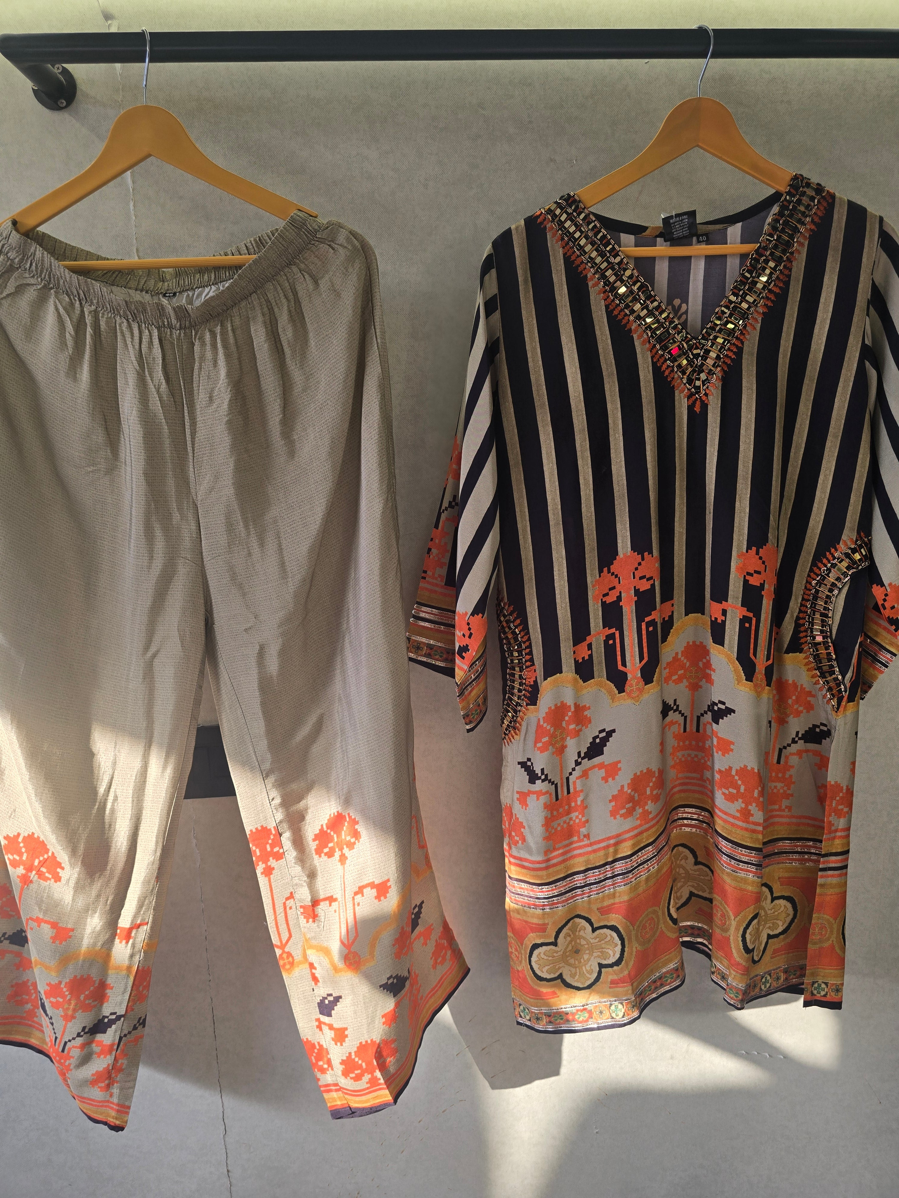 Image of Navy Stripe Mirror Work Kaftan Co-Ord Set