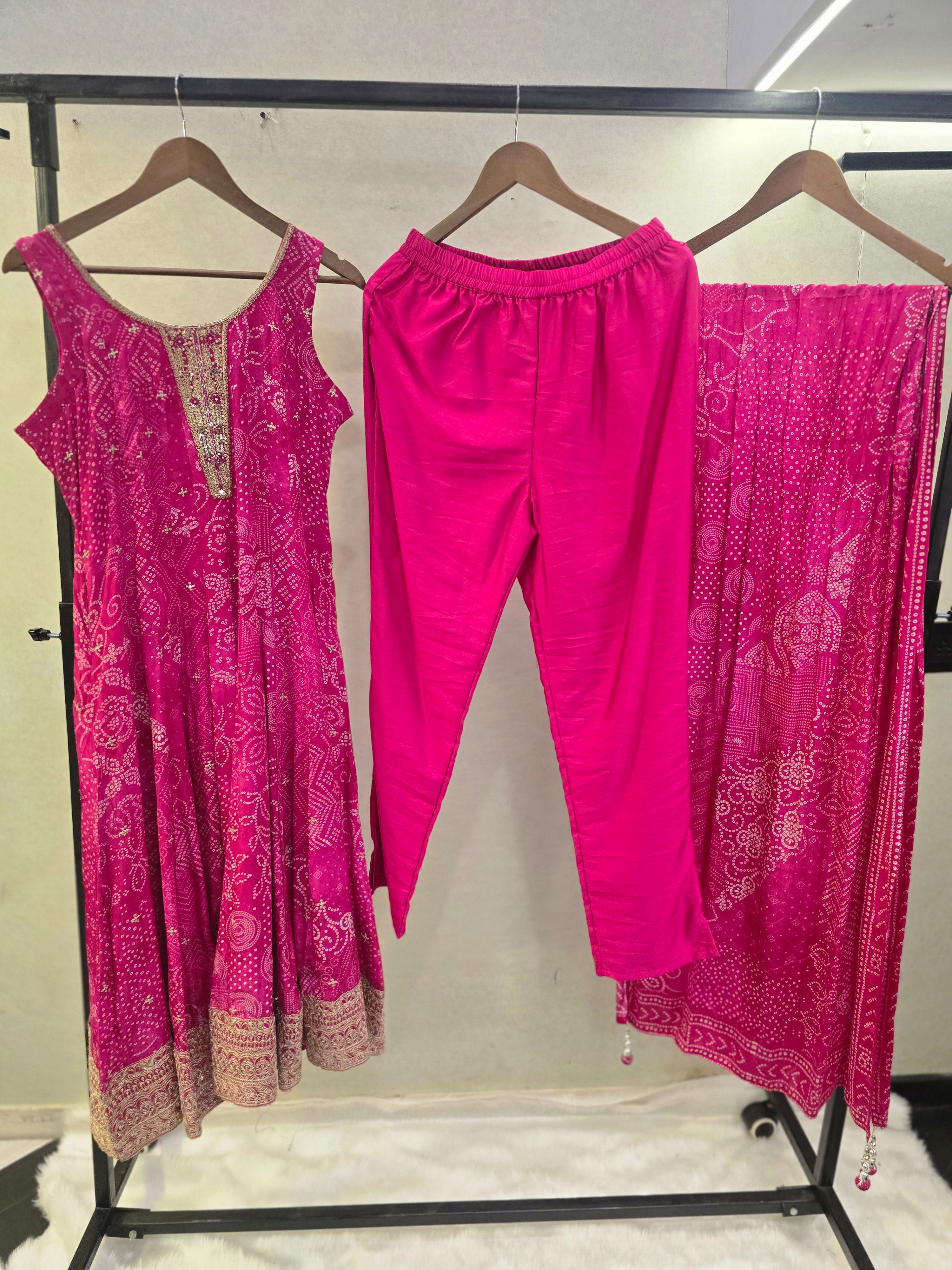 Image of Rani Pink Bandhani Print Sleeveless Anarkali Kurta Set with Printed Dupatta | Premium 3 Piece Ethnic Suit