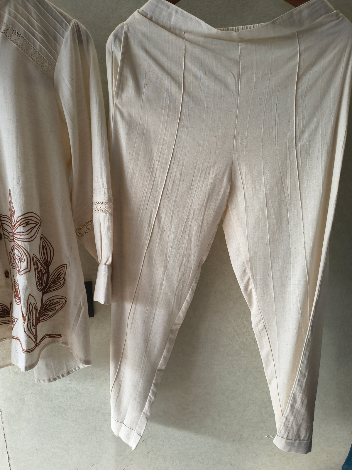 Ivory Botanical Embroidered Pintuck Designer Co-Ord Set